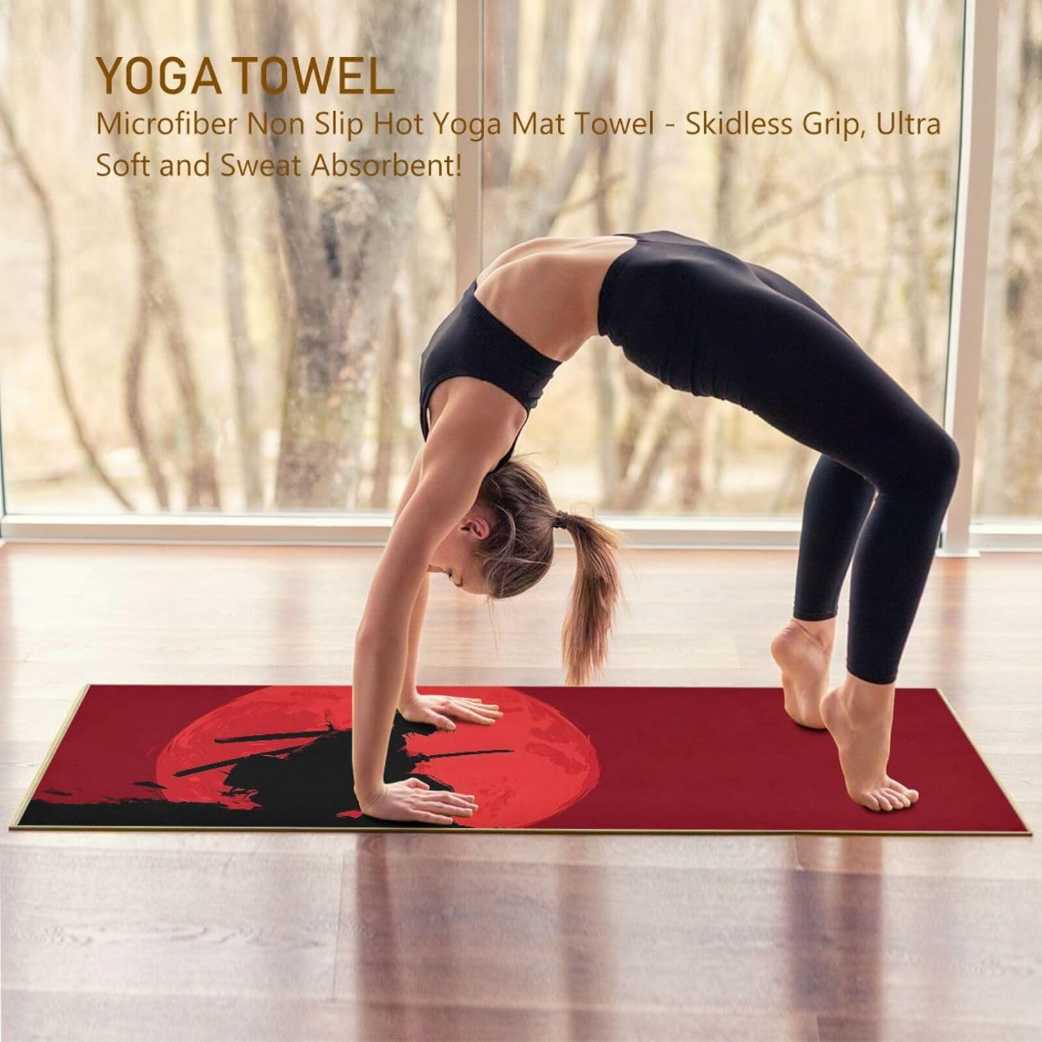 Hot Yoga Towel Samurai Silhouette – Stylish, Non-Slip, Grip Dots, Super Absorbent, 27" x 73" - Yoga Mat Towels for Exercise, Fitness
