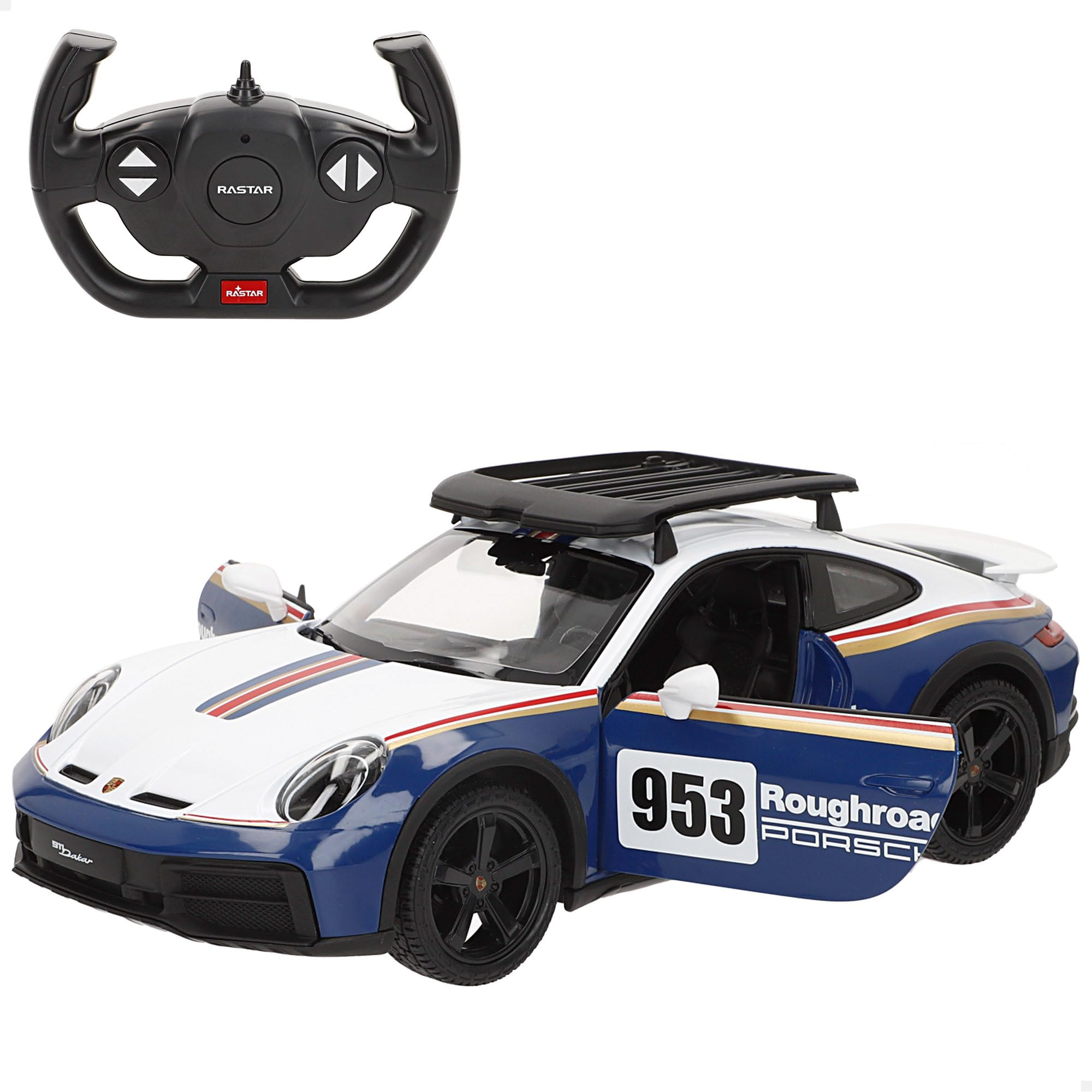ColorBaby RASTAR Porsche 911 Dakar samochód zdalnie sterowany, w skali 1:14, światła przednie, ręczne otwieranie drzwi i zdejmowany bagażnik, 6 funkcji, oficjalna licencja, od 6 lat (41326)