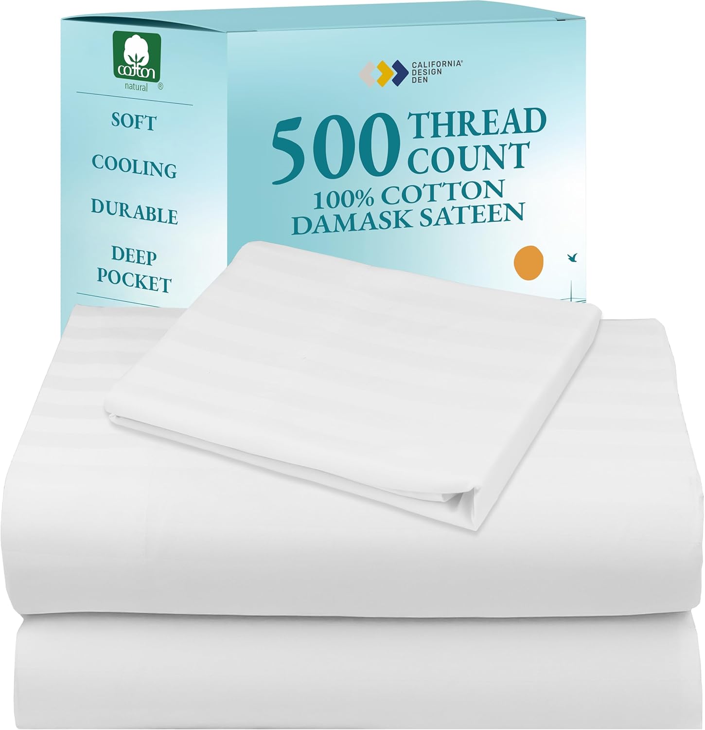 California Design Den Twin Size Sheet Set - 100% Cotton 500 Thread Count Sateen, Deep Pocket Bed Sheets with Fitted Elastic Sheet, Soft Luxury - Striped White