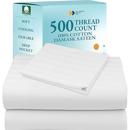 California Design Den Twin XL Size Sheet Set - 100% Cotton 500 Thread Count Sateen, Deep Pocket Bed Sheets with All Around Elastic, Soft Luxury - Striped White