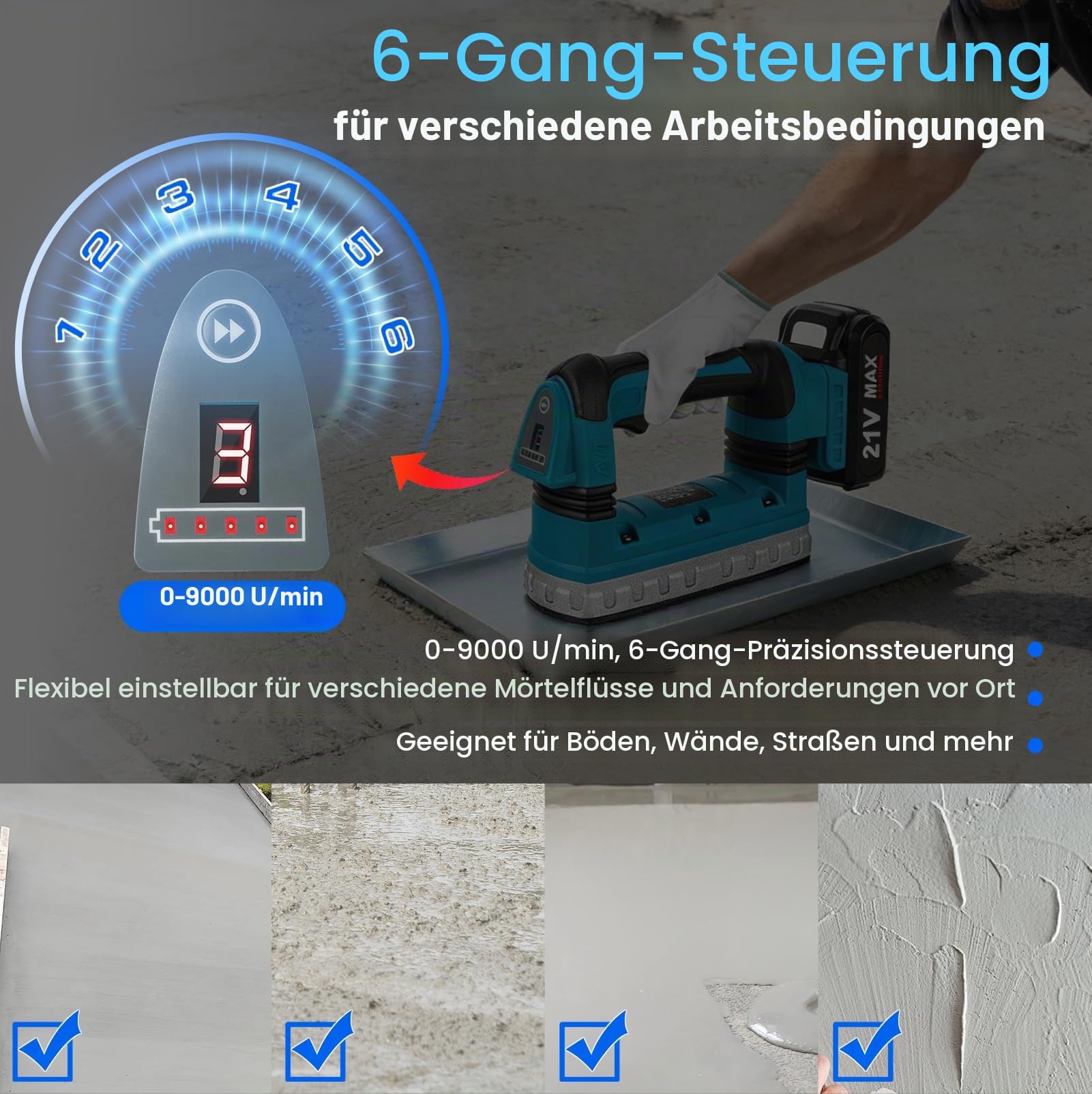 150W Akku Rüttelplatte, Elektrischer Handstampfer mit 2 Akkus, 6 Stufen