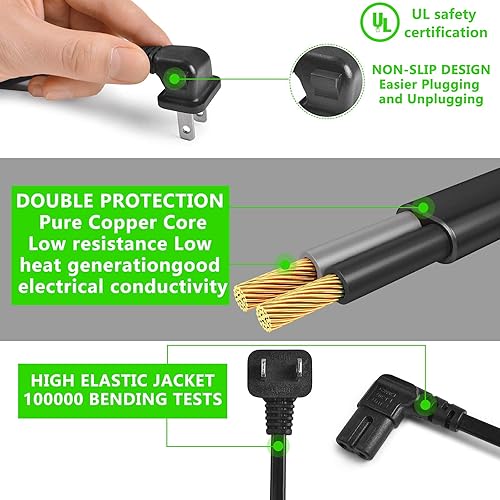 Paquete de 2 cables de alimentación de TV de repuesto de 90 grados de 2 clavijas de 12 pies en forma de L figura 8 C8 para Philips Toshiba LG
