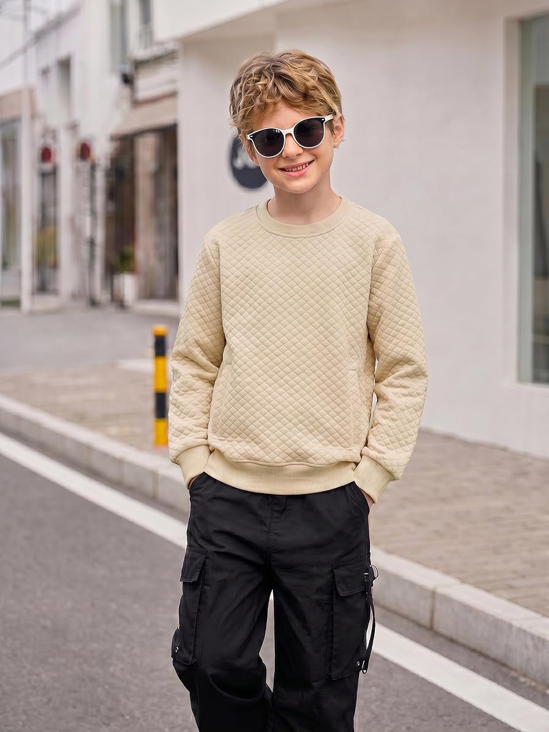 Haloumoning Boys Quilted Sweatshirts Kids Fashion Crewneck Long Sleeve Pullover Clothes with Pockets 5-14 Years