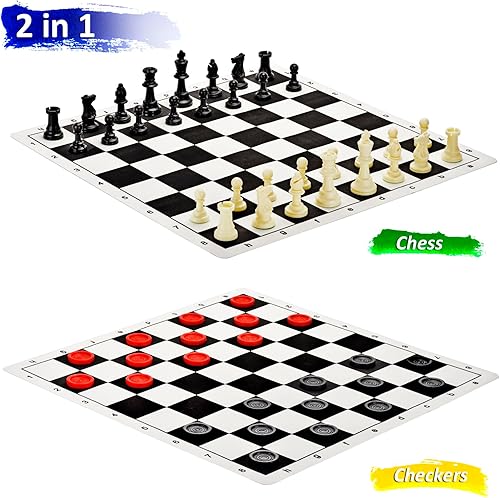 Miniatura 3 de Juego de ajedrez y damas portátil de 17 pulgadas, juego de mesa de ajedrez de viaje enrollable 2 en 1 con 2 reinas adicionales y 2 piezas de cuadros