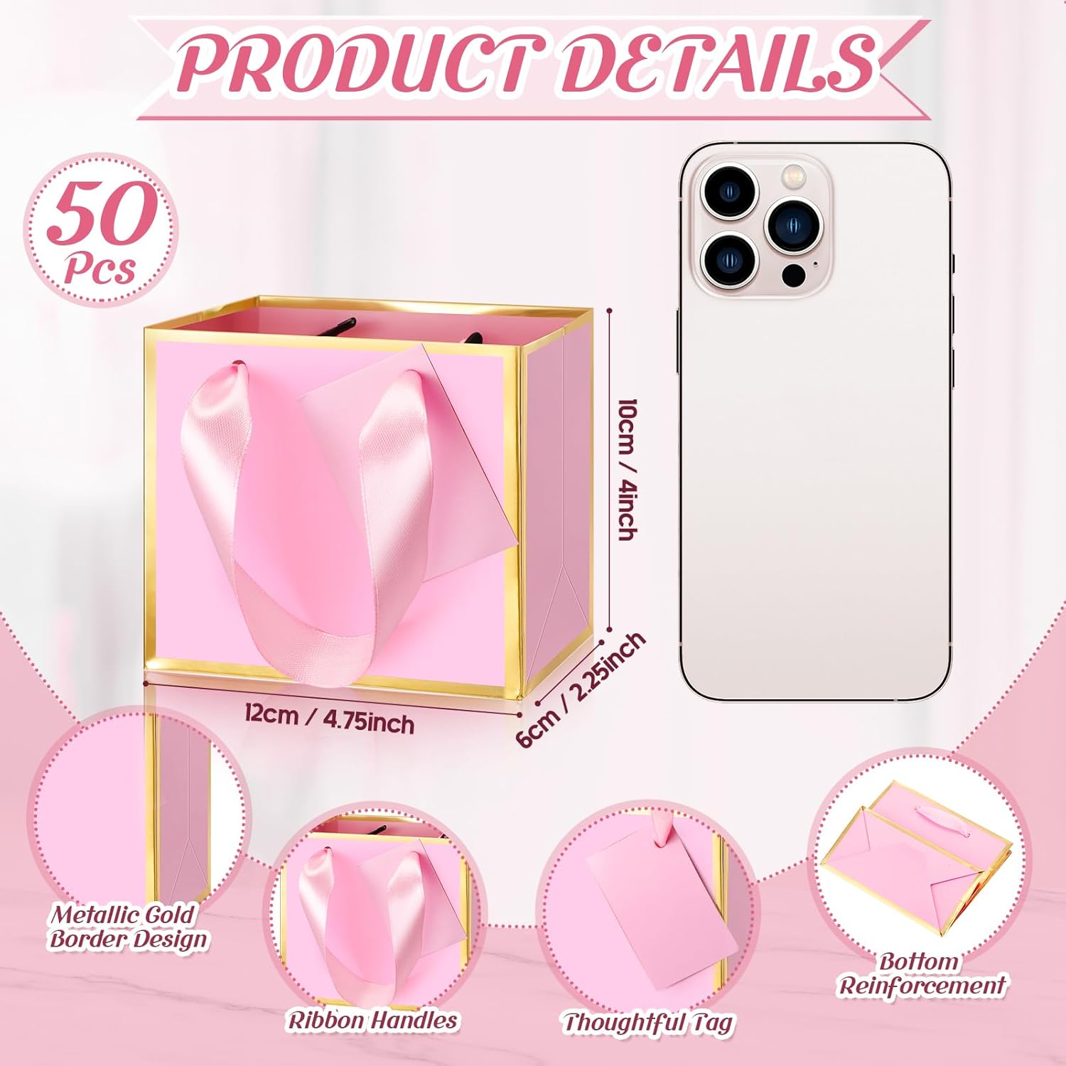 Yeaqee 50 Pcs Mini Metallic Paper Gift Bags with Handle 4x4.75x2.2'' Small Gift Bag DIY Tag Thank You Party Favor for Mother's Day Wedding Graduation Baby Shower Birthday Jewelry (Pink,Gold)