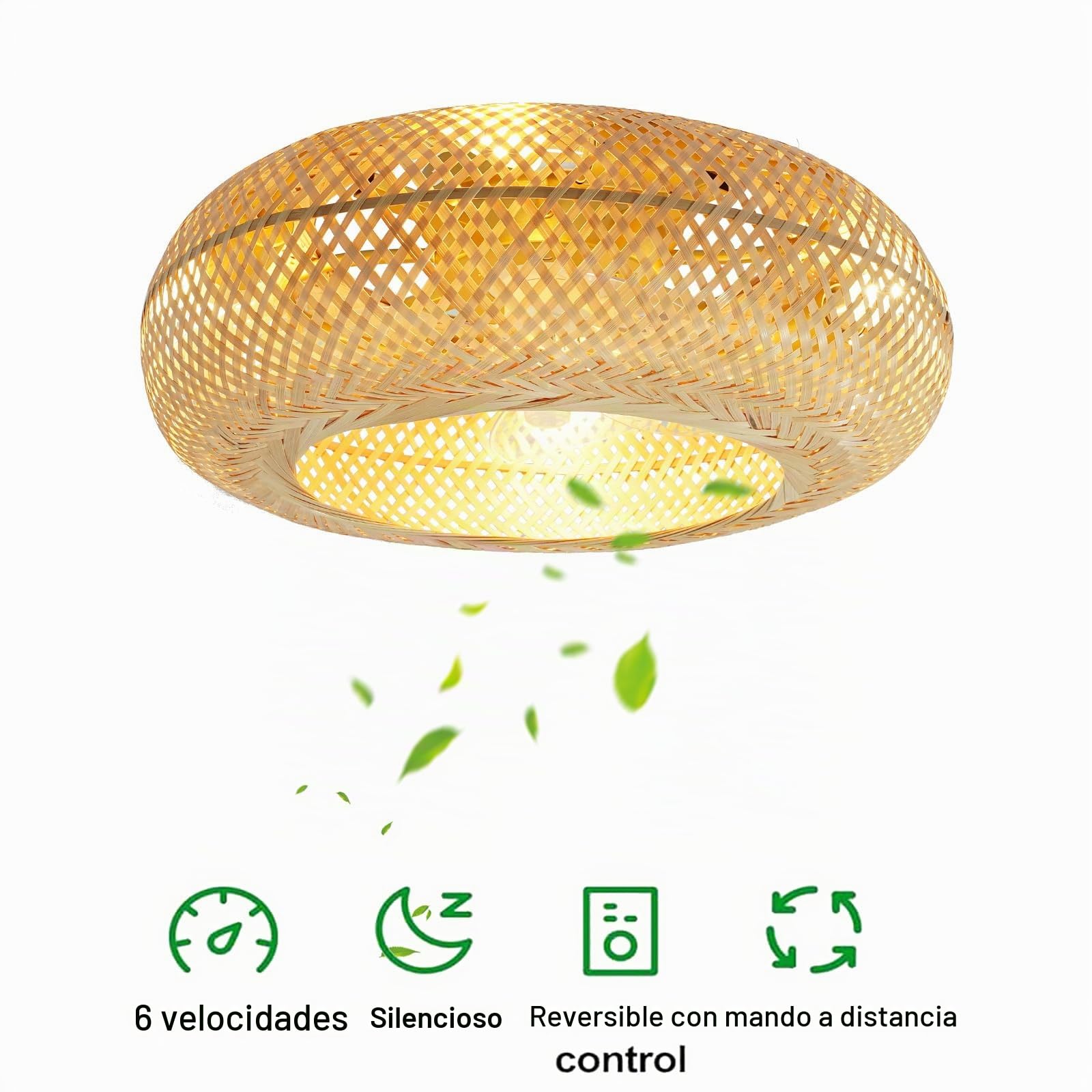Ventilador de techo E27 vintage de ratán y bambú, silencioso, reversible, 6 niveles de velocidad, iluminación, estilo bohemio
