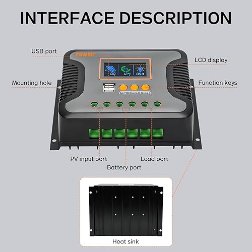 Miniatura 6 de Controlador solar de 80 A, 12 V, 24 V, 36 V, 48 V, controlador de carga de salida USB dual para regulador de batería de litioplomo-ácido
