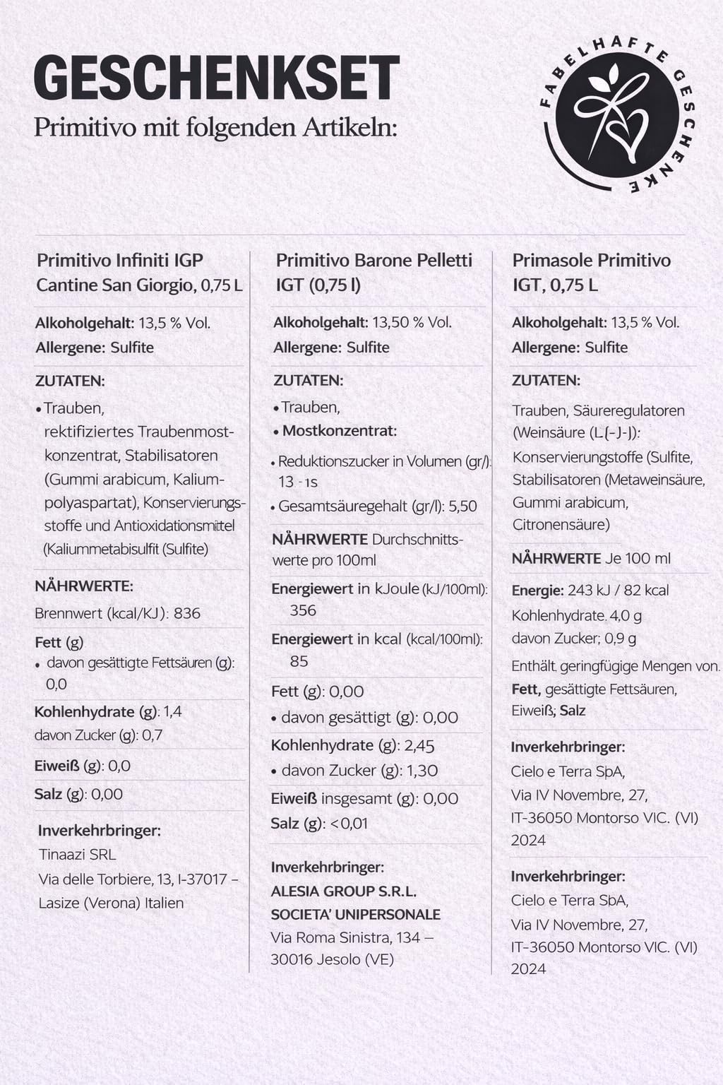 Geschenkset Primitivo | 3 hochwertige italienische Rotweine aus Apulien | Weingeschenk für Männer & Frauen | Weinliebhaber