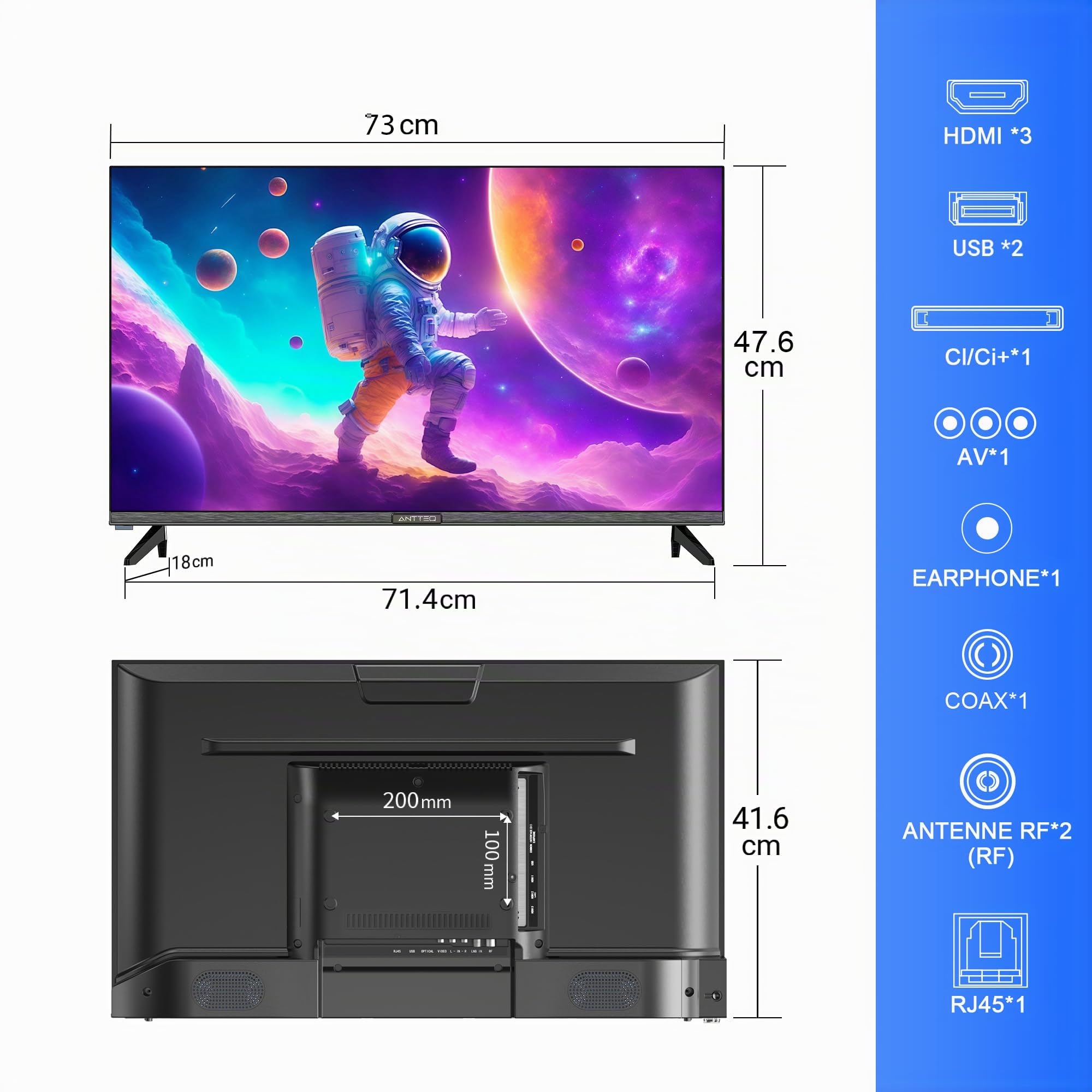 Antteq G32 Smart TV 32 Pouces sans Bord (Television 80 cm) HD, Voice Assistant, Wi-FI, Dolby Audio, Bluetooth 5.1, Triple-Tuner (DVB-T/T2-C-S/S2), 3 HDMI, USB, Netflix, Youtube, Prime Video