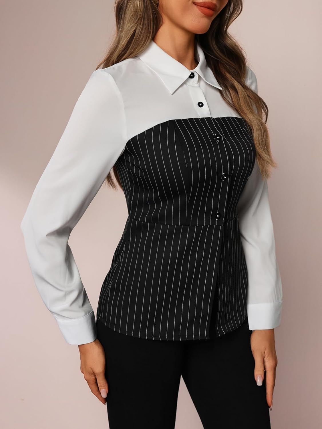 Women's Striped Color Block Shirt Button Down Collared Long Sleeve 2 in 1 Blouse - Image 3