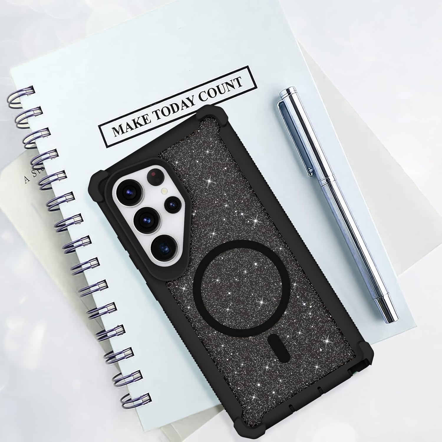 Bonoma Magnetic for Samsung Galaxy S25 Ultra Case, Compatible with Magsafe Sparkly Glitter Bling Back Design Crystal and Corner High-Duty Protection Shockproof Phone Cover for Girls Women, Black