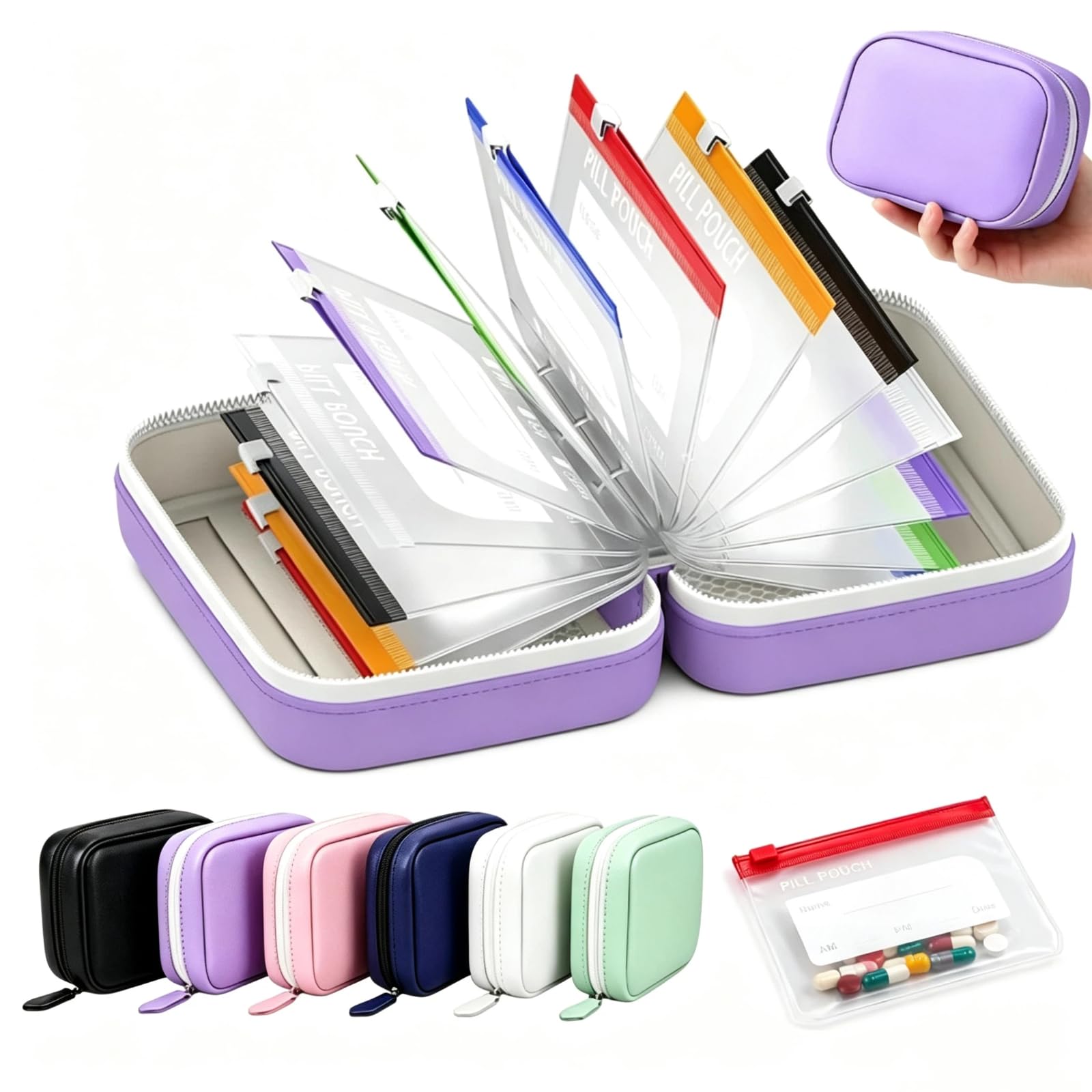 Travel Pill Organizer Bag with 14 Reusable A8 Pill Pouches (Purple)