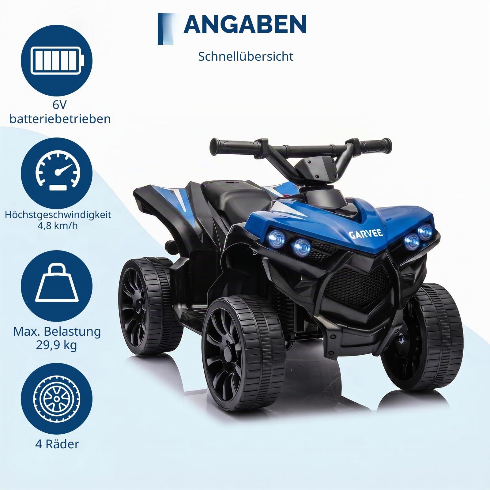 Robustes Elektro-Quad für Kinder ab 3 Jahren – 6V ATV Kinderfahrzeug mit LED-Lichtern, Musik, Hupe, 1,5–3 km/h, rutschfesten Rädern, sicheres Spielzeugauto – Blau