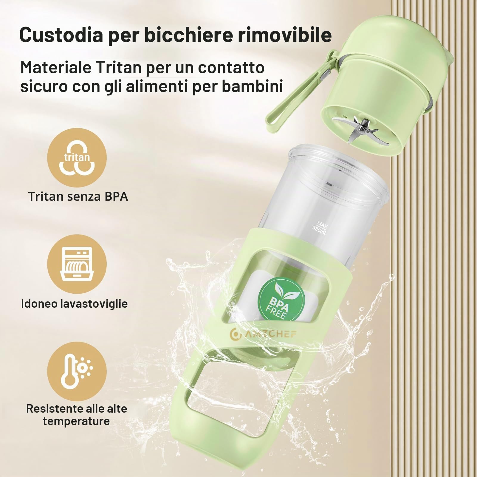 AMZCHEF Frullatore Portatile Sottovuoto - Frullatore Portatile USB Ricaricabile per Frullati e Smoothie - Mini Frullatore Elettrico con 10 Lame per Sport, Viaggi, Escursionismo