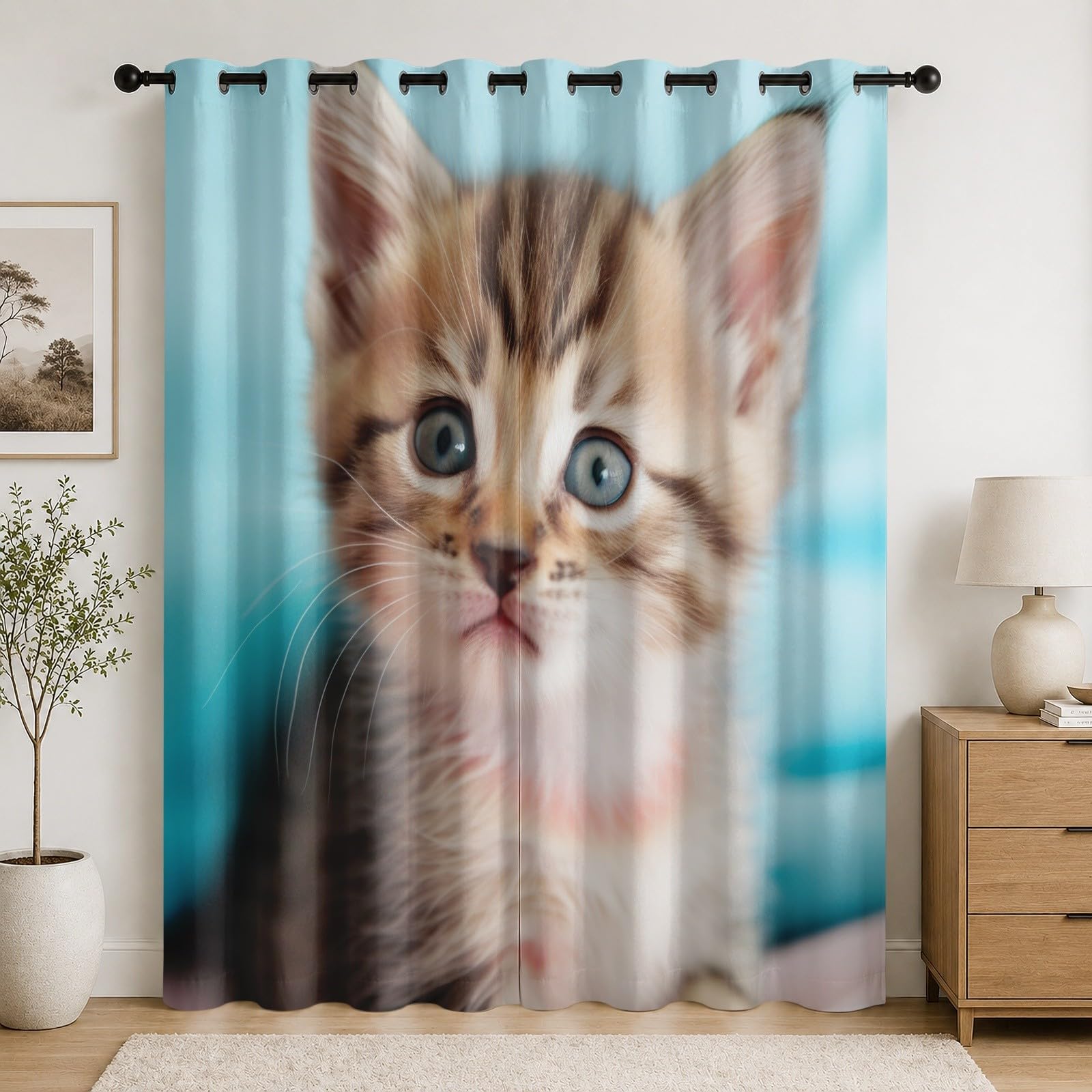 Rideaux de salon et chambre d'enfant style chats bleus et doux