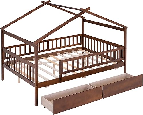 Miniatura 65 de Merax Cama de madera de tamaño individual con dos cajones, marco de cama de madera con techo para niños, adolescentes, niños o niñas, gris