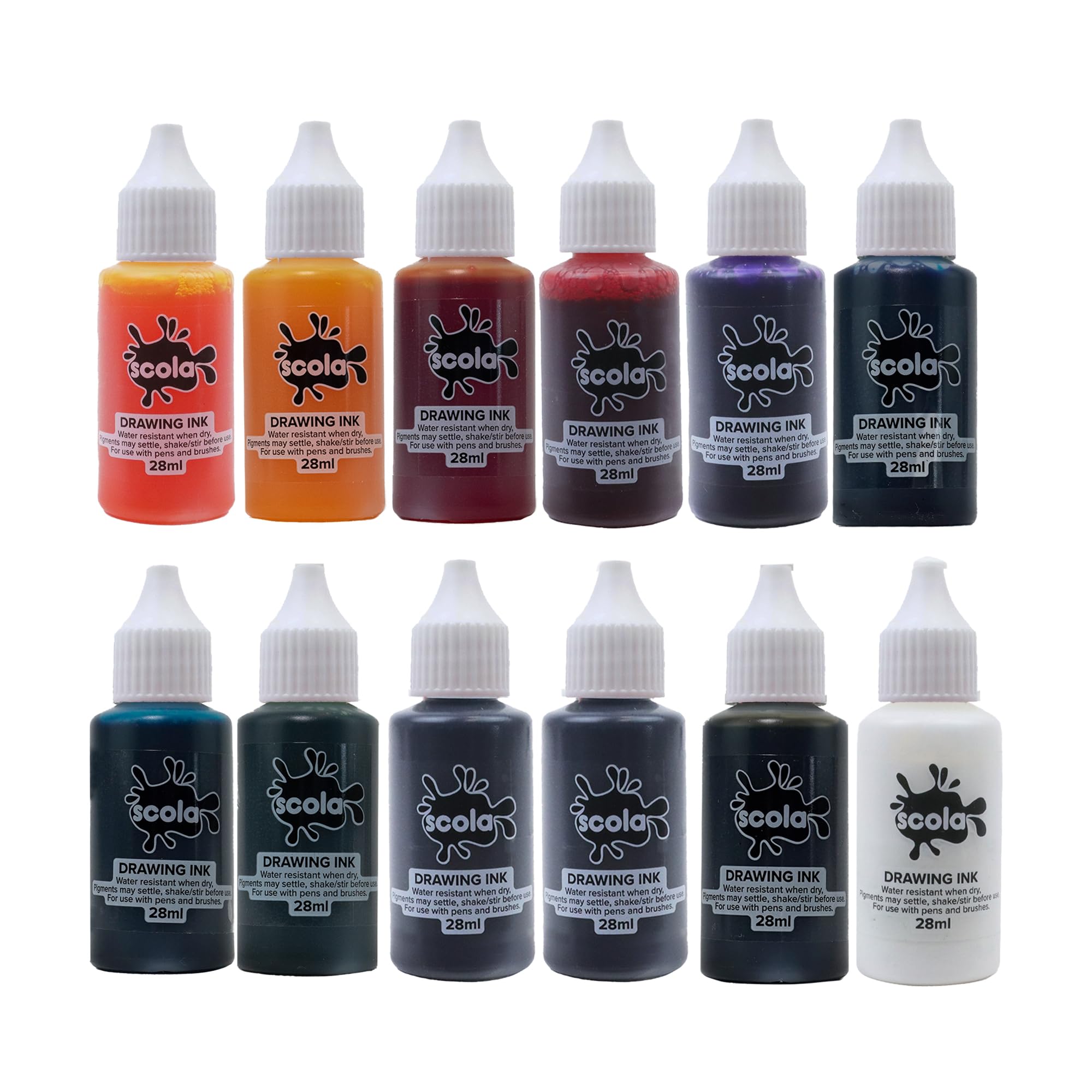 Scola Drawing Ink, 12 Assorted Colours, 28ml Bottle, Black, Water-Based Ink, Arts & Craft Projects, For Children & Schools