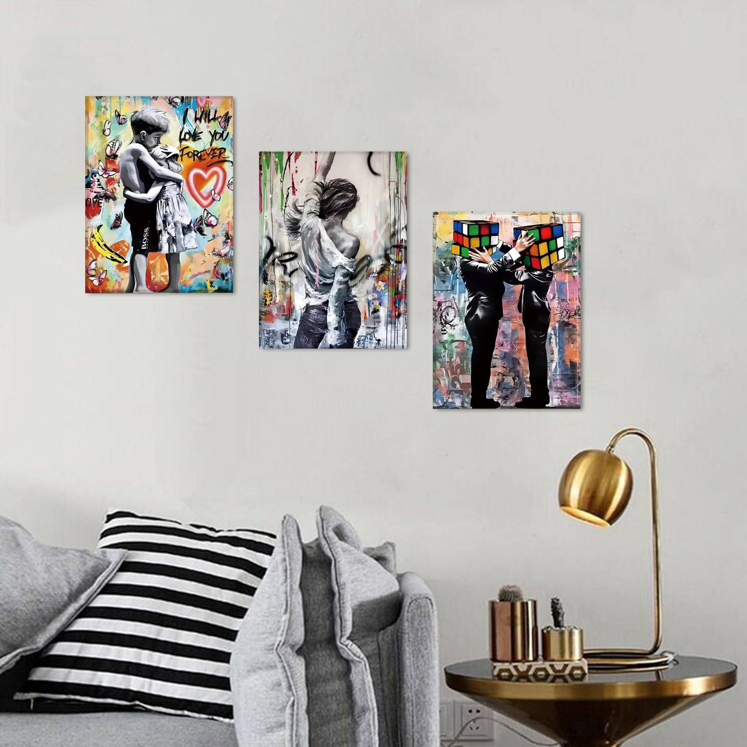 AIYISU Banksy Bilder Leinwand mit Rahmen, 30 x 40 cm 3 Teilig Banksy Poster Pop Art Bilder Moderne Bilder Wohnzimmer Abstrakte Gemälde Wandbild Schlafzimmer Flur - Fertig zum Aufhängen
