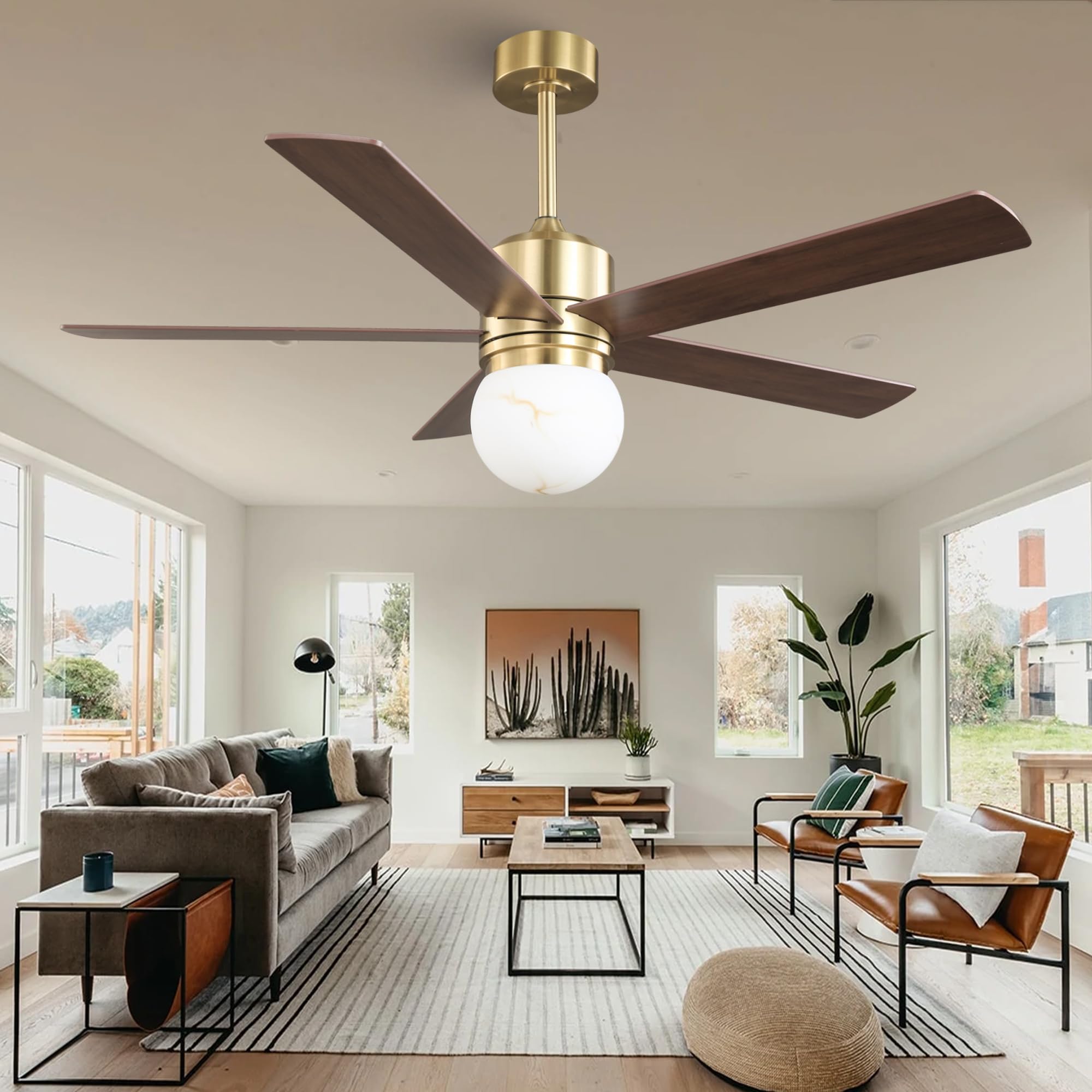52 Inch Ceiling Fan with Light and Remote, Indoor &amp; Outdoor Brushed Gold Ceiling Fan for Living Room Garage, Quiet DC Motor, Timer, 6 Speeds