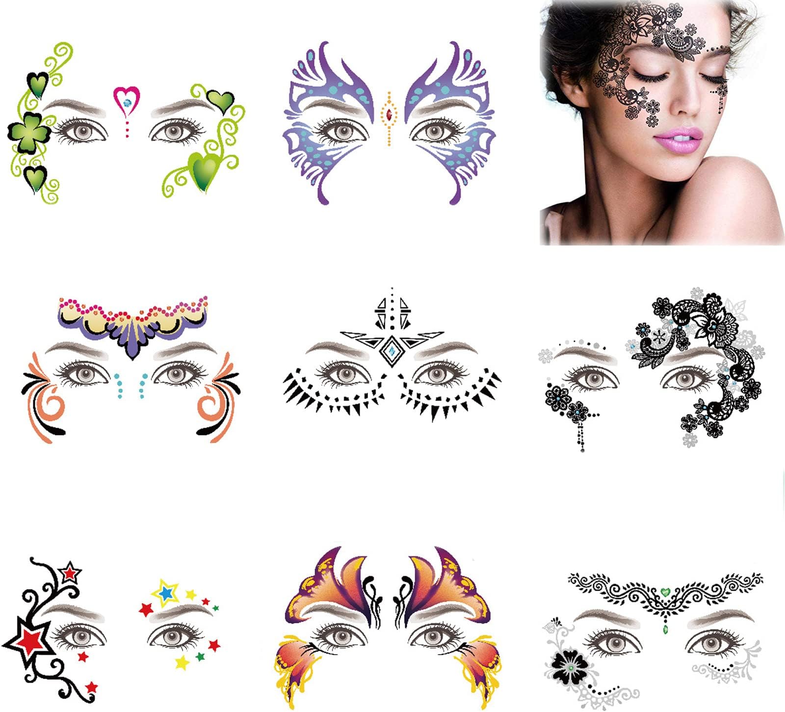 TERRIFI 8 Pack Face Temporary Tattoo Waterproof Makeup Tattoo Stickers on Face Eye Forehead Body for Halloween Christmas Stage Masquerade Party