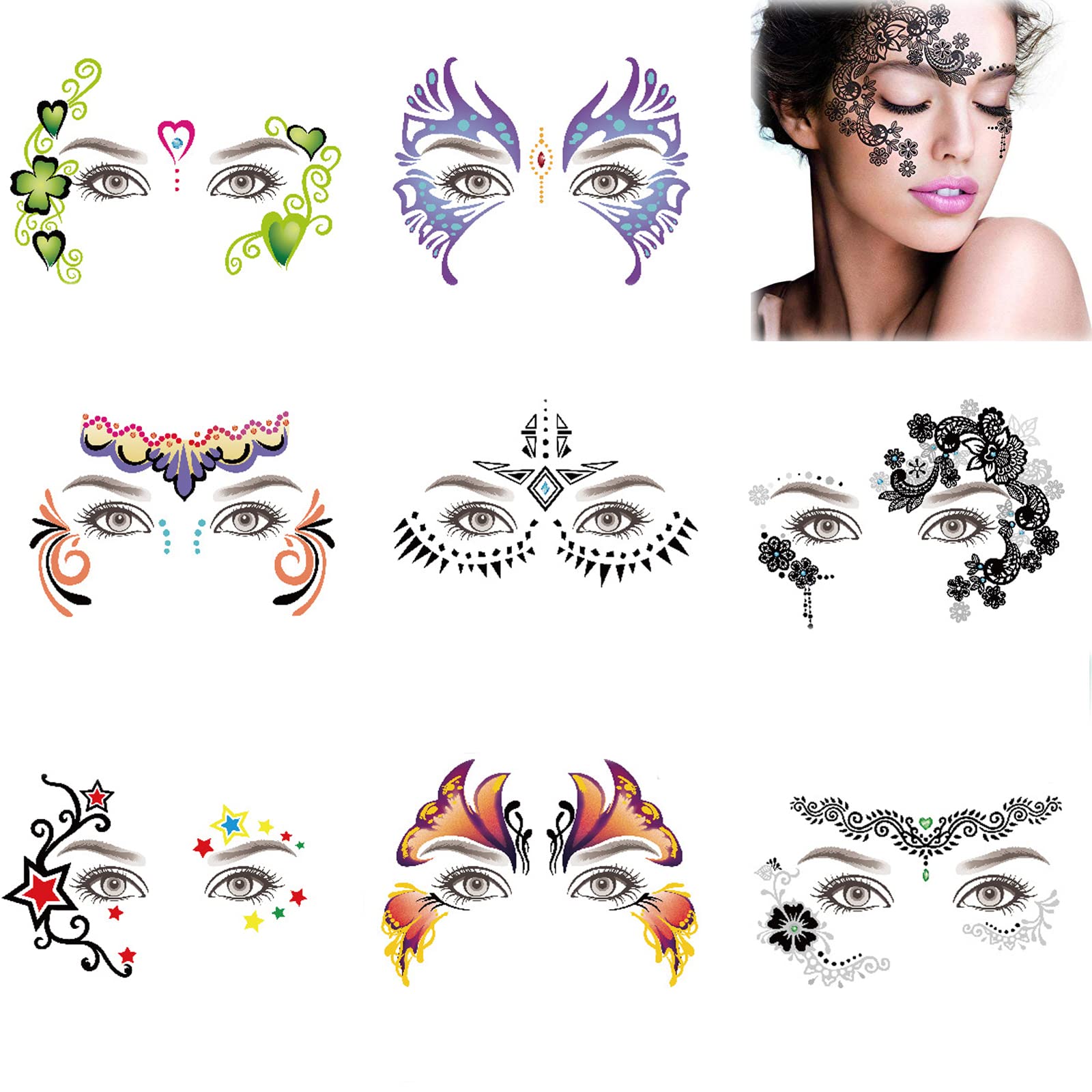 TERRIFI 8 Pack Face Temporary Tattoo Waterproof Makeup Tattoo Stickers on Face Eye Forehead Body for Halloween Christmas Stage Masquerade Party