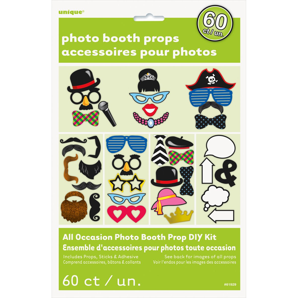 Unique Party 61929 - Photo Booth Props, Assorted Pack Of 60
