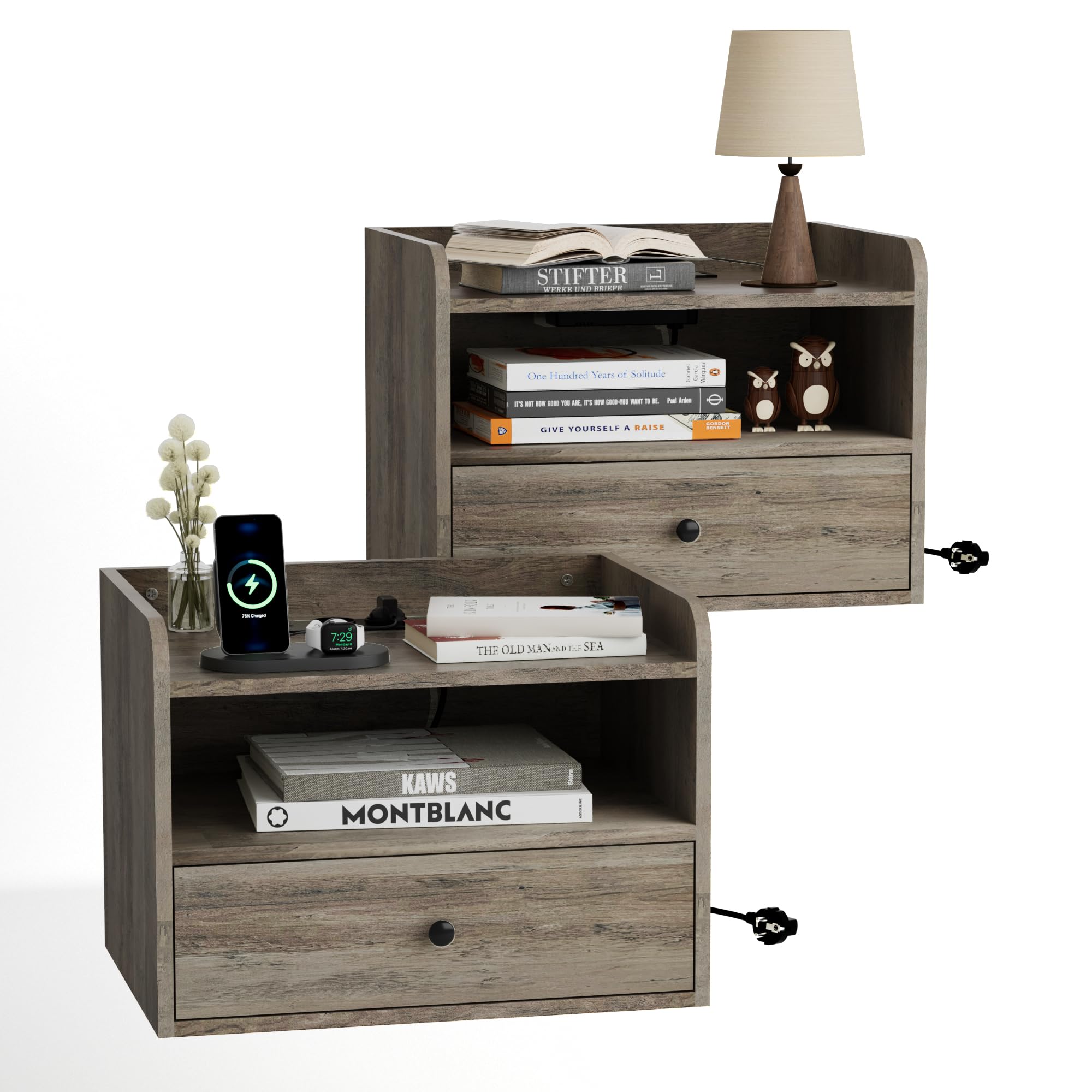 BonVache Nachttisch Hängend 2er Set, Nachttische Wandmontage mit Offener Raum und Schubladen, Steckdosen und Schnittstellen, Modern, für Wohnzimmer, Schlafzimmer, Grau