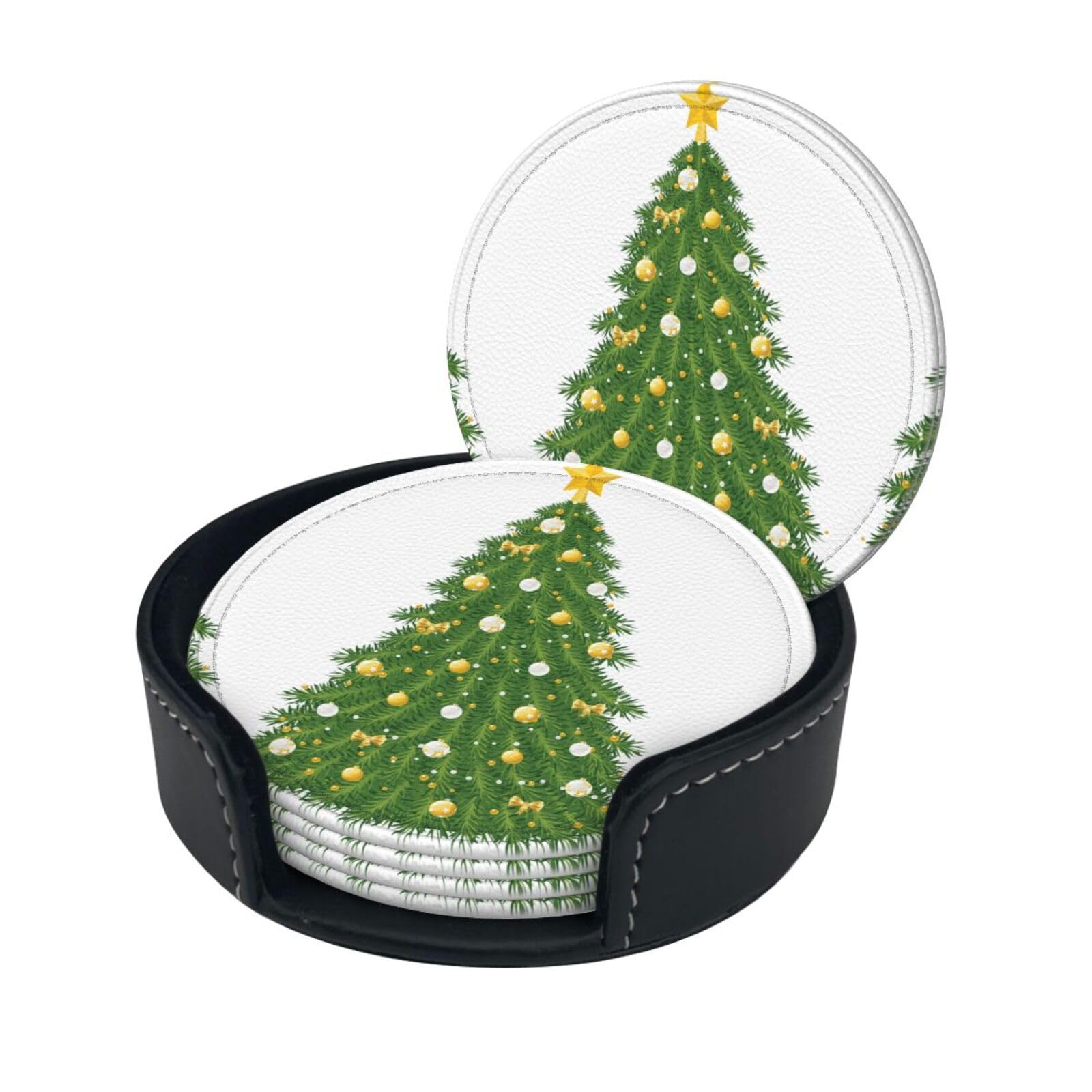 Xmas Tree Print Round Leather Coasters - Set Of 6, Ultra-Fiber Pu Leather