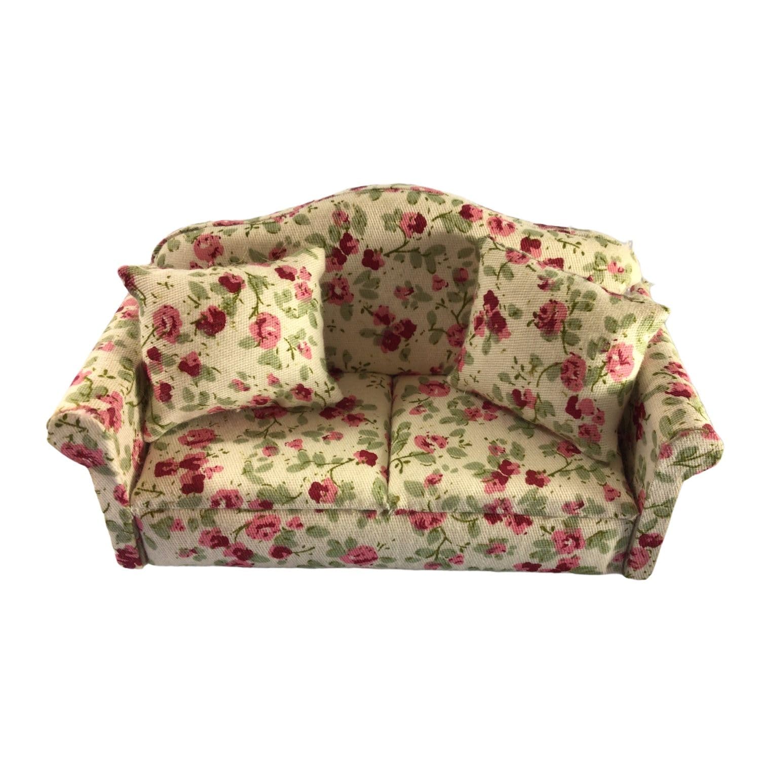 Dolls House Floral Sofa and Chairs, 1:12 Scale, Cream, Set of 3, White, Pink, Floral - Image 3