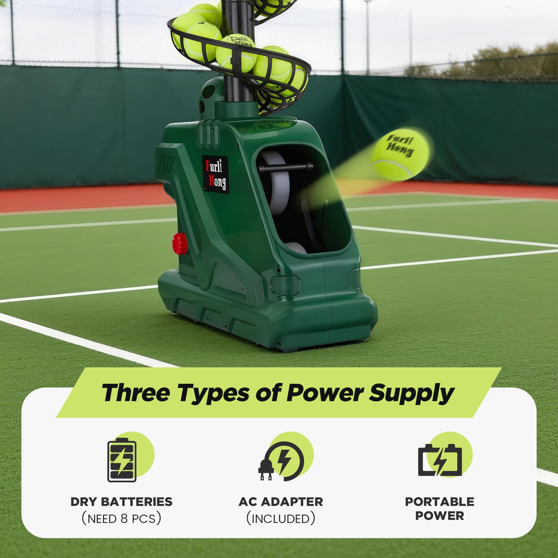 Furlihong 3819BH Macchina per pallina da tennis, max 30 MPH, angolo di lancio regolabile e intervallo, regolazione continua della velocità, funzionamento a batteria o adattatore AC da 12 V, per