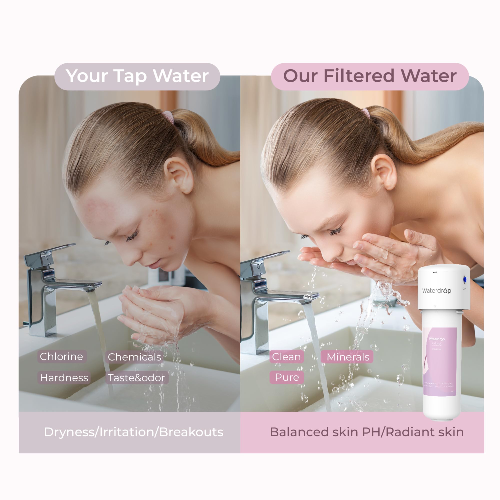 Waterdrop WD-BFU2, Filtro Acqua per Bagno per la Cura del Viso, Riduce il Cloro e il Calcare nell' Acqua, Riduce l'Arrossamento e l'Irritazione della Pelle, Filtrazione a 4 Stadi