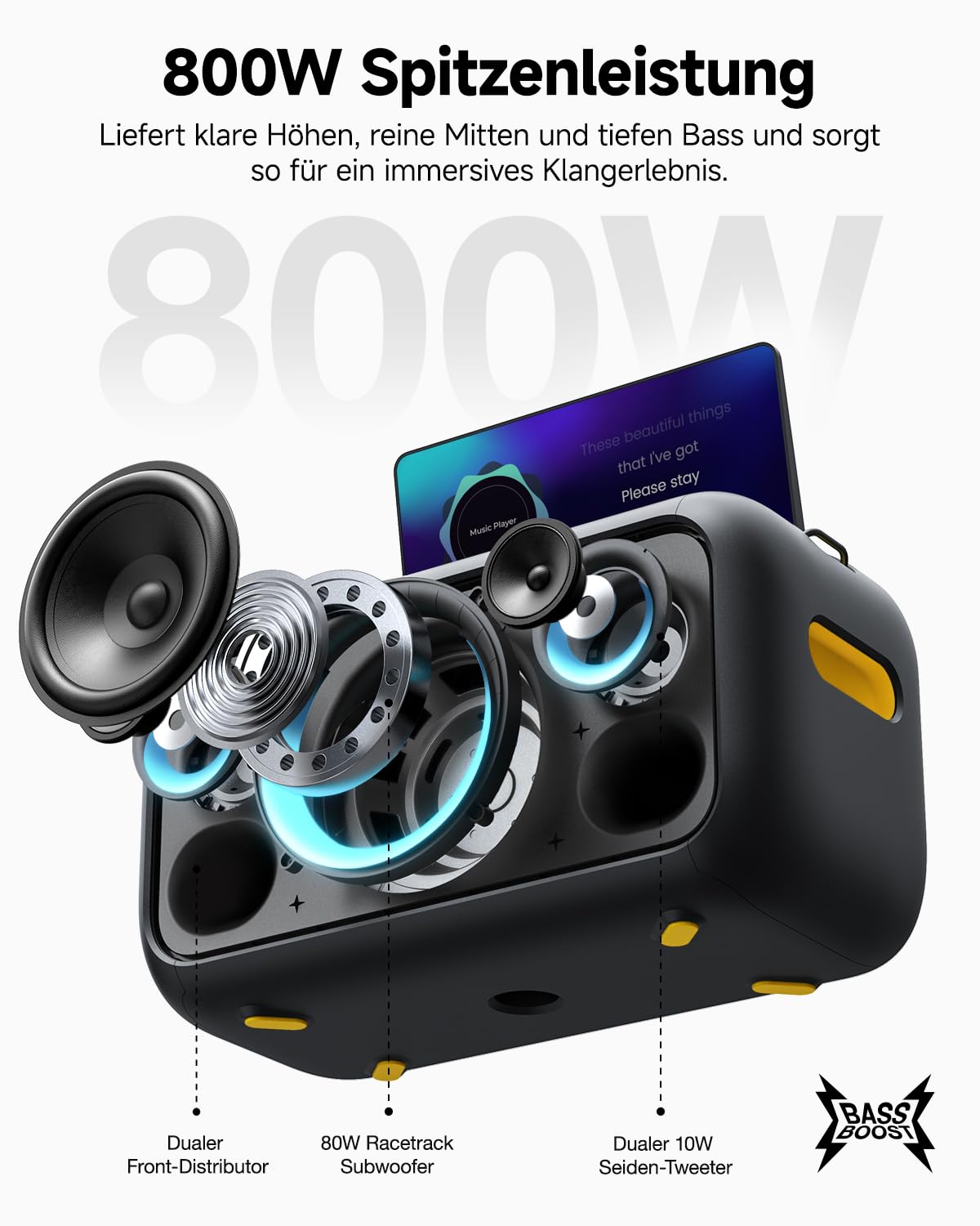 Karaoke-Maschine für Erwachsene mit Textanzeige, eingebautem 13,3"-Bildschirm, echte All-in-One-Karaoke-Maschine mit 2 kabellosen Mikrofonen, 800W Bluetooth-Lautsprecher für Party, TV.