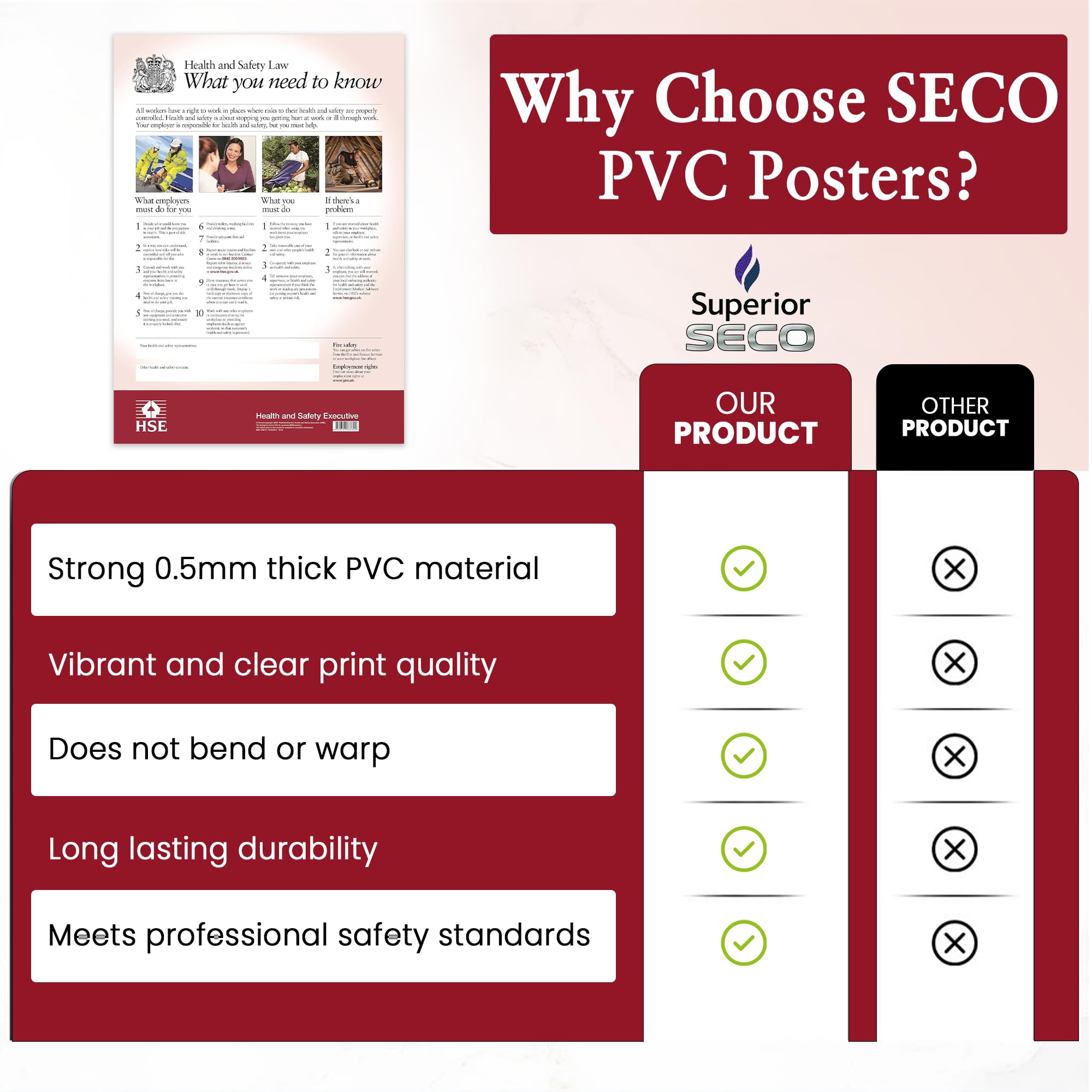 Seco PVC A2 Health & Safety Poster Schild – HSE Arbeitsplatzsicherheitsinformationen – 420 x 594 mm, 0,5 mm