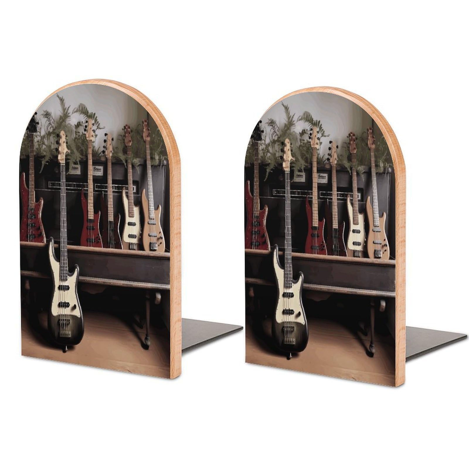Guitar Bass Music Musical Instruments Bookend for Shelves Non-Skid Book Holder Modern Heavy Duty Bookend Stopper Metal Base Wood Book End Books Shelf Holder Home Decorative 1pair 5x3.9x3.1