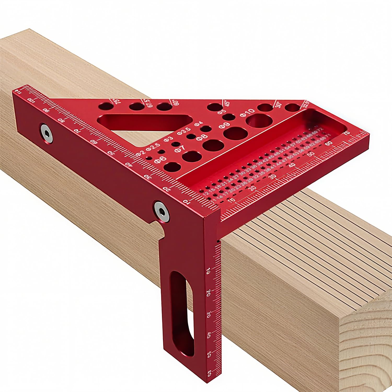 Uadme 3D Carpenters Square, 22.5-90° Aluminium Alloy Multi-Angle Speed Square Protractor with 11 Drill Holes, Precision Engineers Measuring Tool for Woodworking, Construction, Engineering (Red)