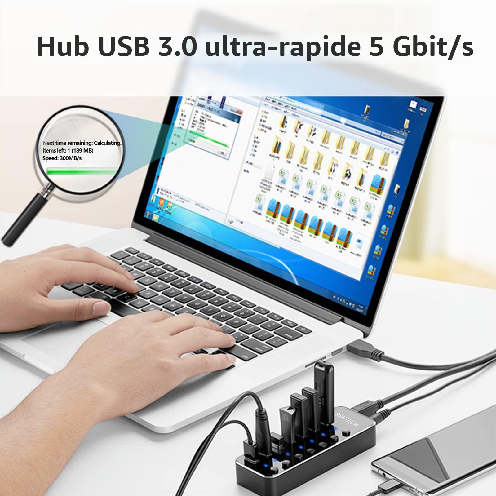 Hub USB Alimenté, RSHTECH Aluminium USB Hub 3.0 à 7 Ports Multiprise USB 3.0 avec 5V/2A Alimentation Externe Multi Port Hub, 5 Gbit/s, Commutateurs Individuels et Indicateur LED-Noir（RSH-518）
