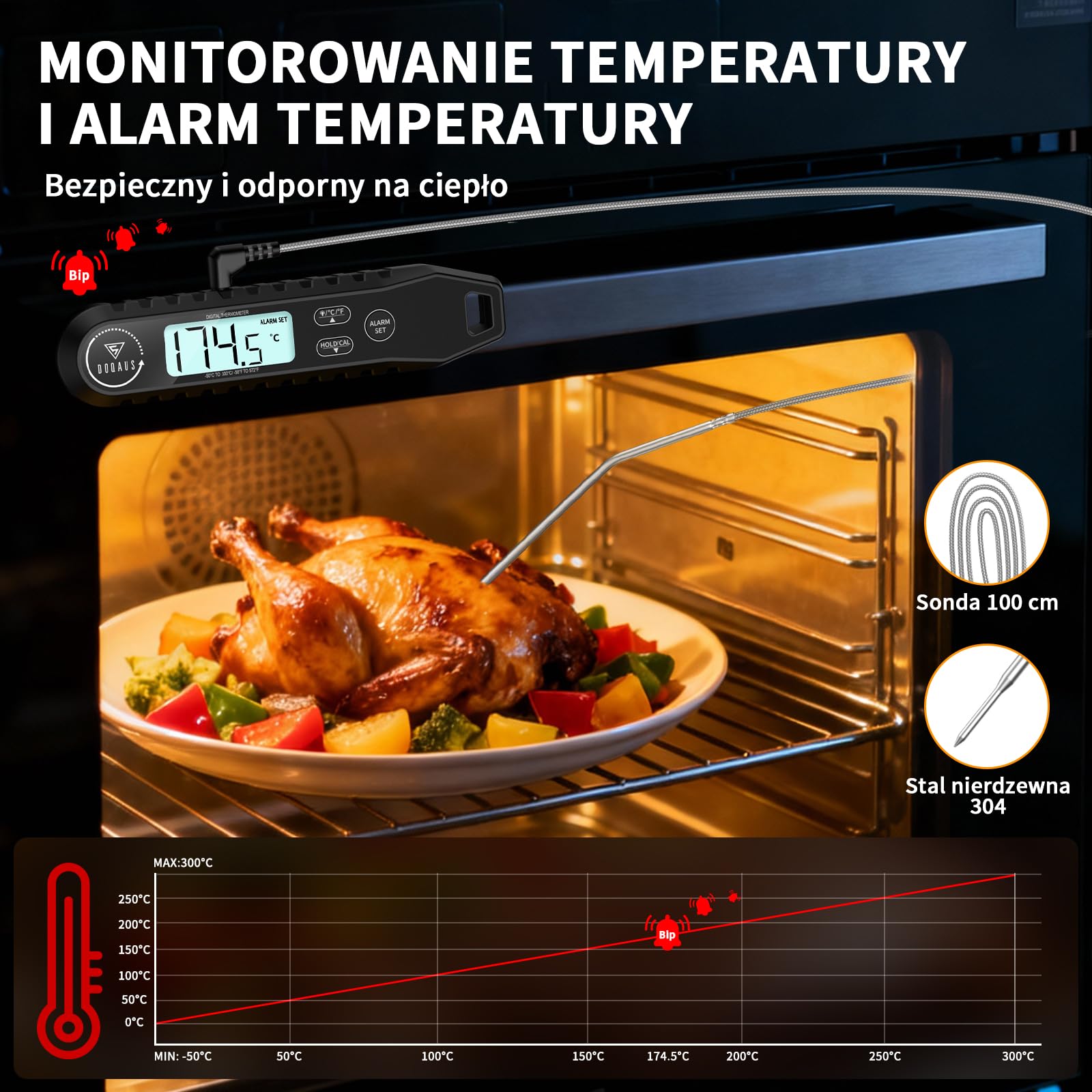 DOQAUS Termometr do mięsa z 2 Sondami - Dokładność ± 1°C i Pomiar w 3 Sekundy, Alarm i Podświetleniem do Pieczenia i Grillowania (Czarny)