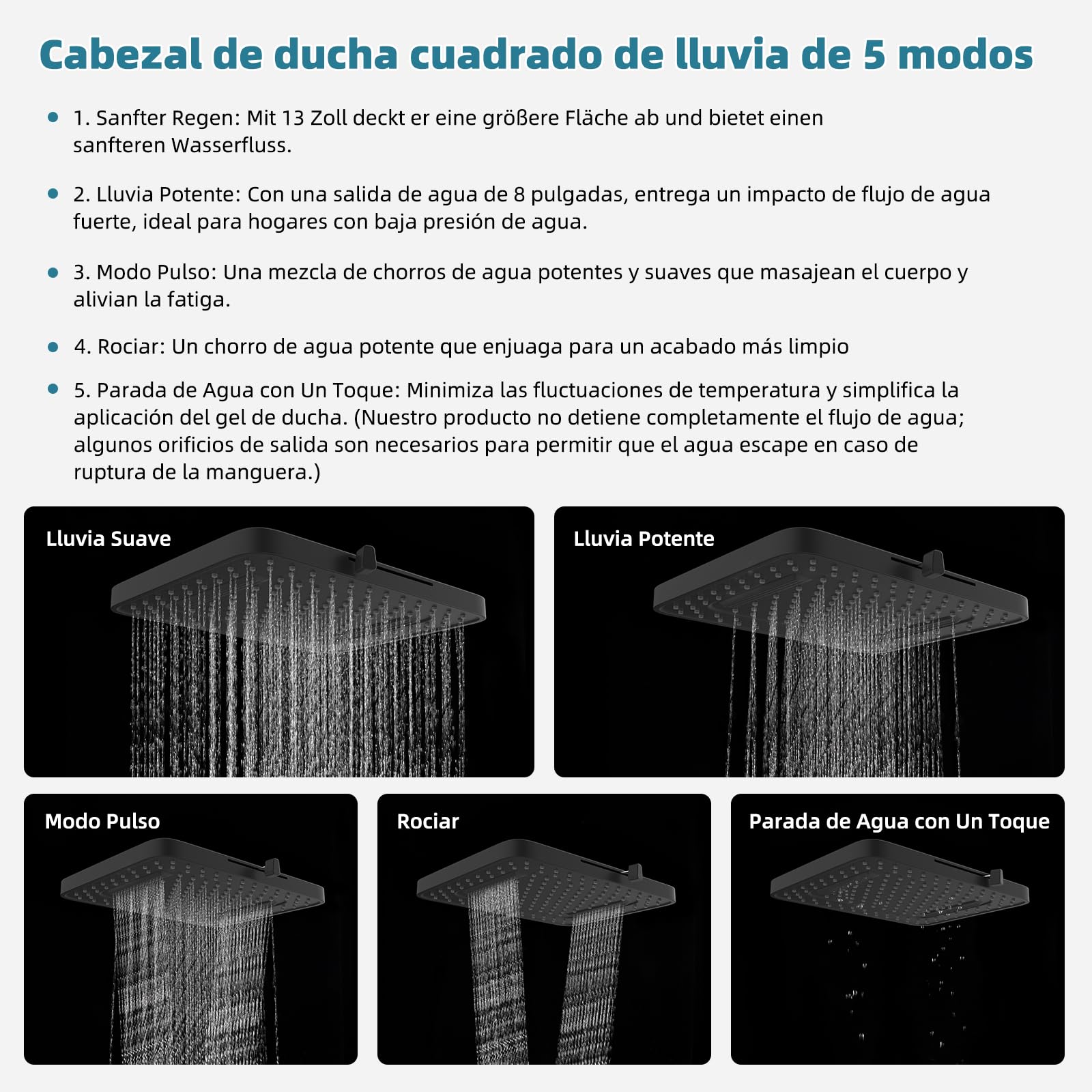 Hibbent 5 cabezales de ducha de lluvia con modo de pulverización, cabezal de ducha de lluvia de alta presión de 13 pulgadas, cabezales de ducha cuadrados integrados, rótula giratoria ajustable