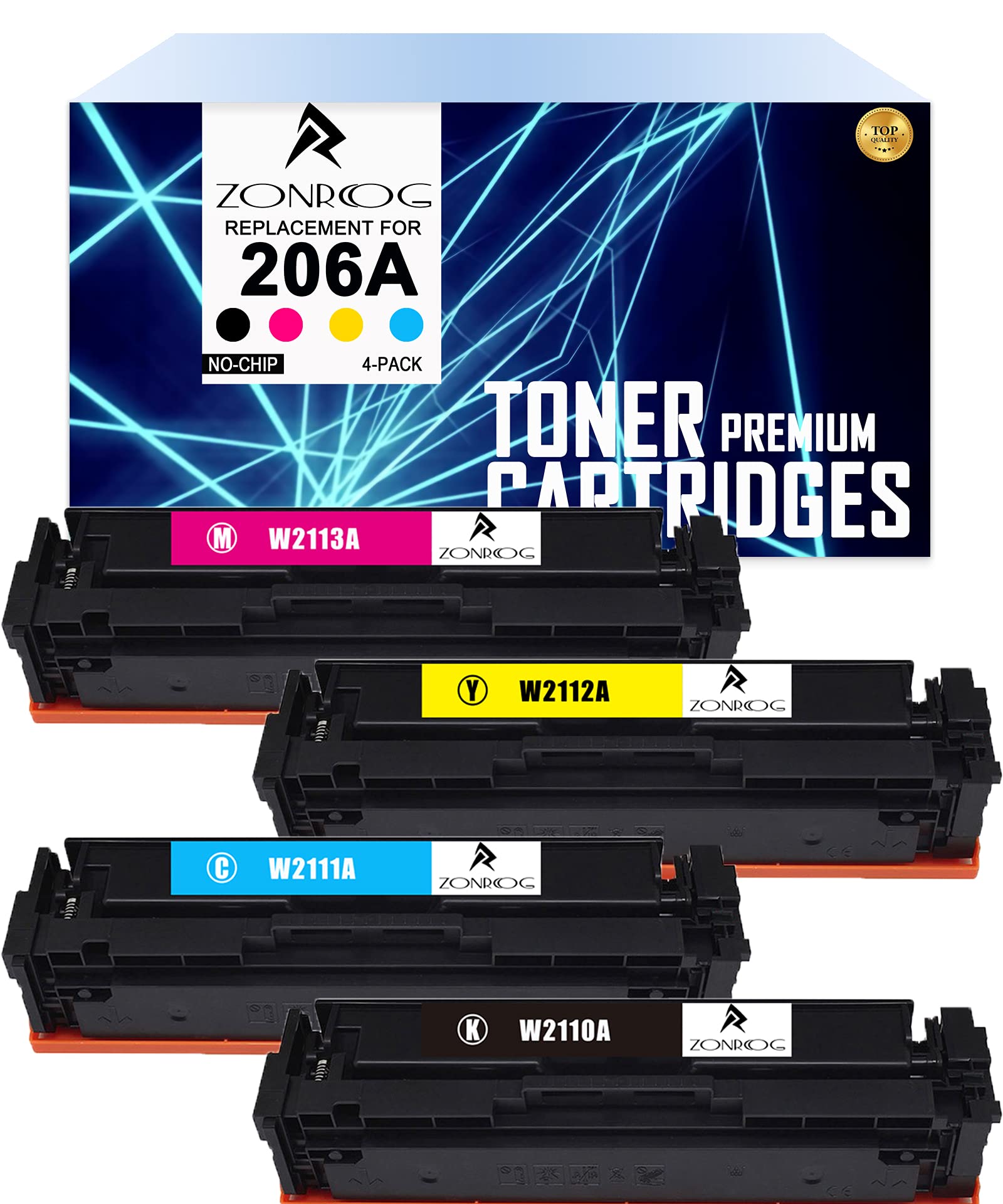 Photo 1 of ZONRCOG 206A Toner Cartridges Replacement for HP 206A Toner Cartridges W2110A 206X Compatiable with HP Color Laserjet Pro M255dw MFP M283fdw M282nw M283 M283cdw M255 Printer K C M Y (No Chip,4-Pack)