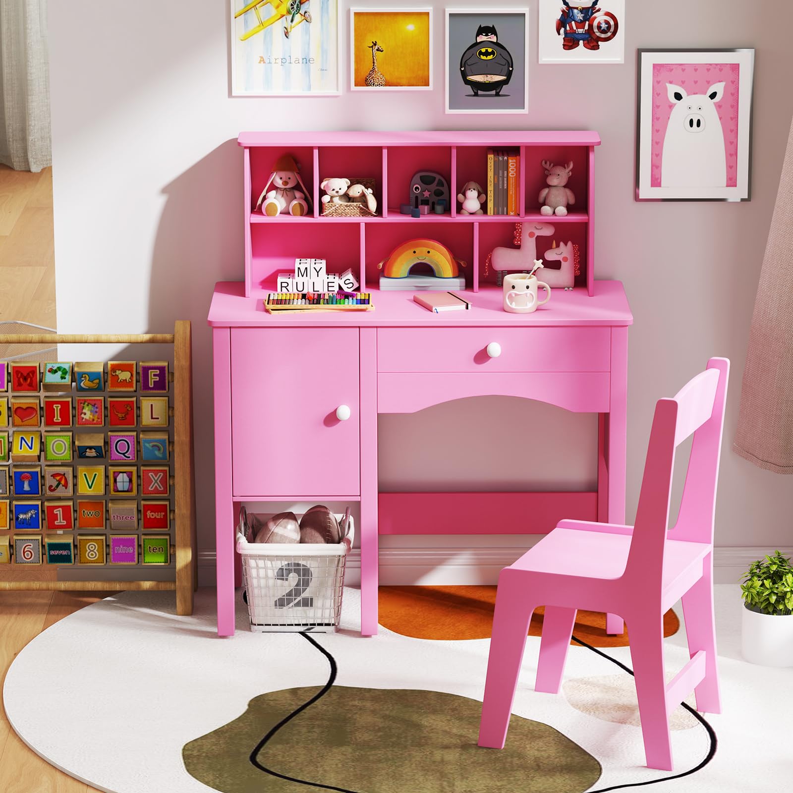 HONEY JOY Kids Desk and Chair Set, Wooden Children School Study Table and Chair w/Drawer, Hutch, Storage Shelves, Student Writing Desk Computer Workstation for Bedroom, 3+ Years Old (Pink)