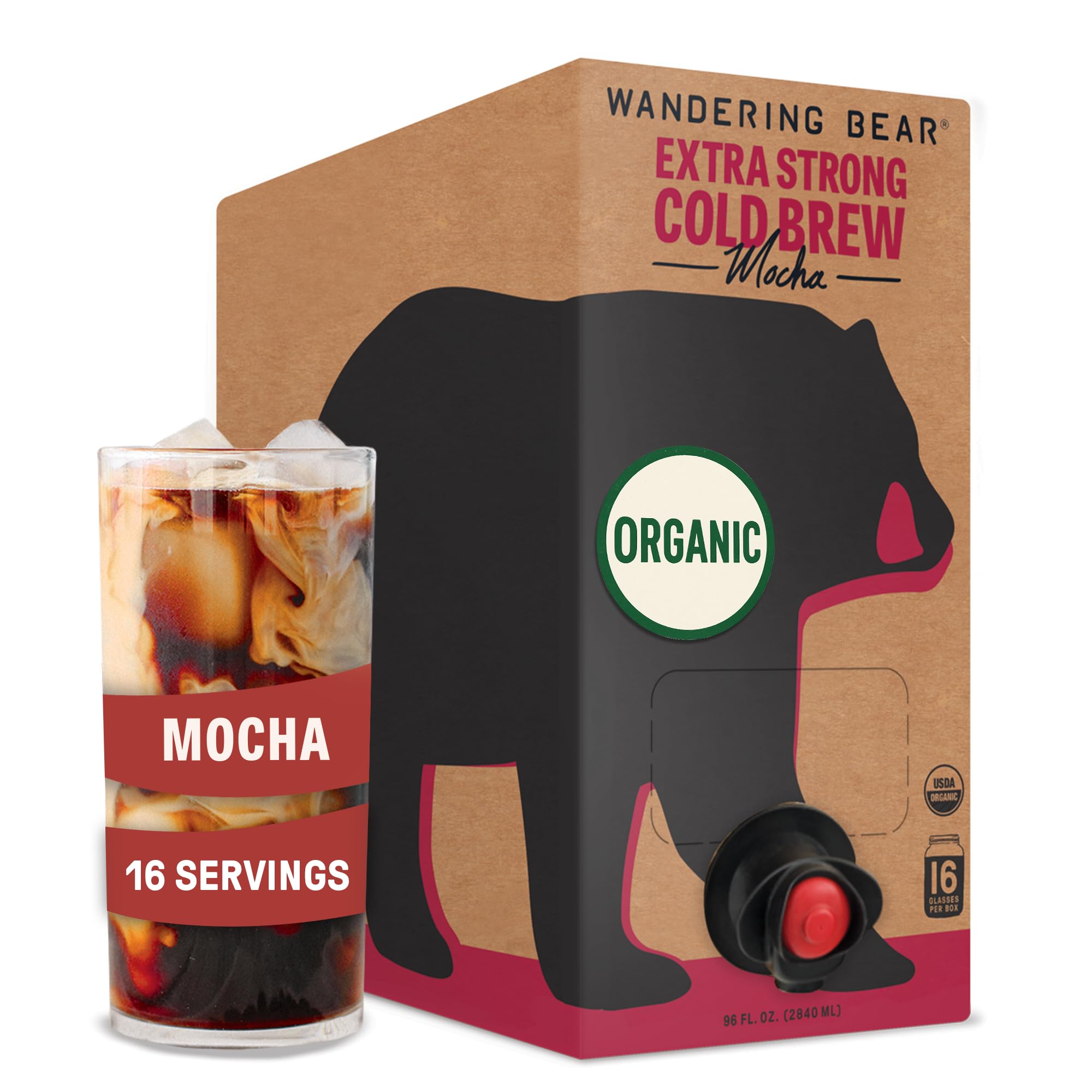 Organic Mocha Cold Brew Coffee On Tap, 96 fl oz - Extra Strong, Smooth, Unsweetened, Shelf-Stable, and Ready to Drink Iced Coffee, Cold Brewed Coffee, Cold Coffee