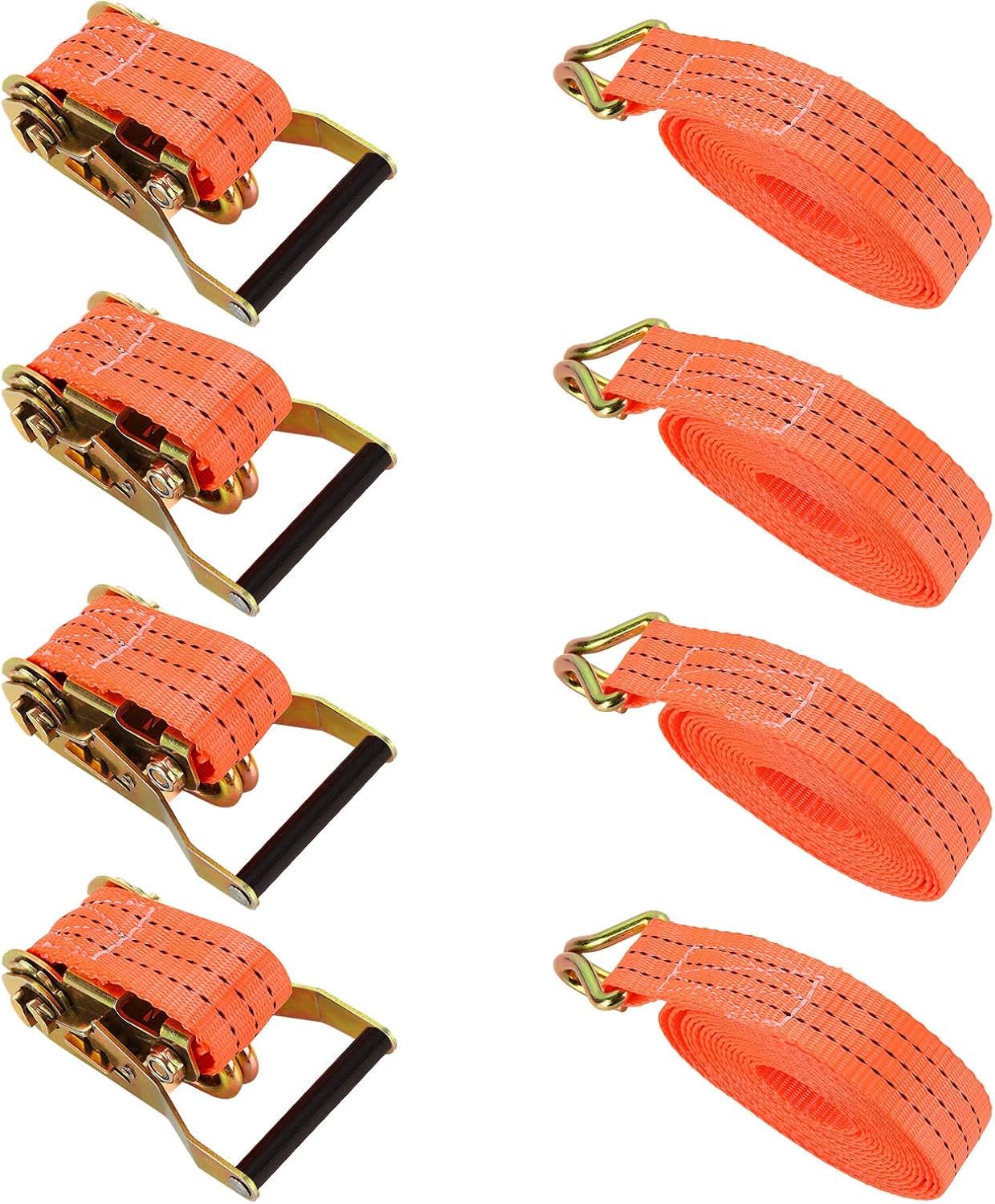 4 Jeux de 6M×38MM Sangle d'arrimage à Cliquet, Sangle a Cliquet avec Crochet en Polyester, Sangles de Serrage avec Tendeur à Cliquet pour Remorque, Moto, Voiture Orange