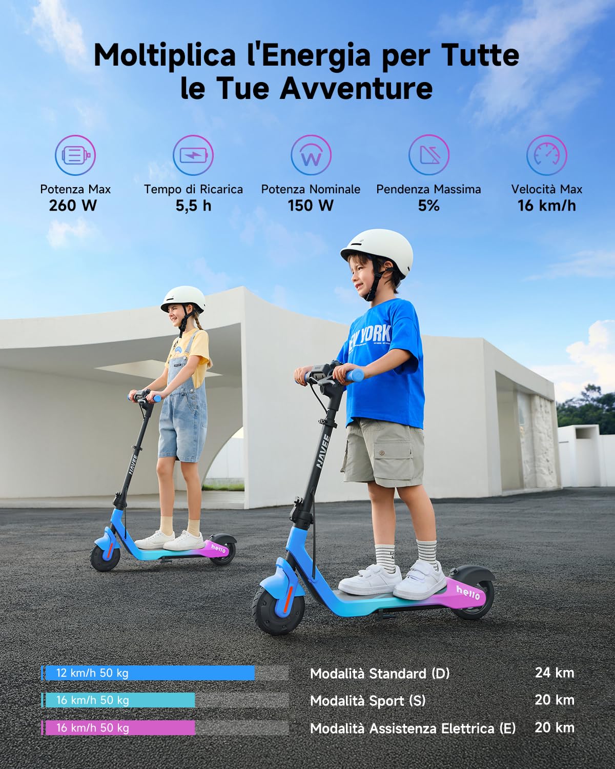 NAVEE K100 Serie Monopattino Elettrico Bambini, Controllo Parentale via APP, Autonomia 14-24 km, Velocità 16 km/h, Luci Ambientali, Pneumatici 7", 3 Altezze Regolabili, 6-14 Anni