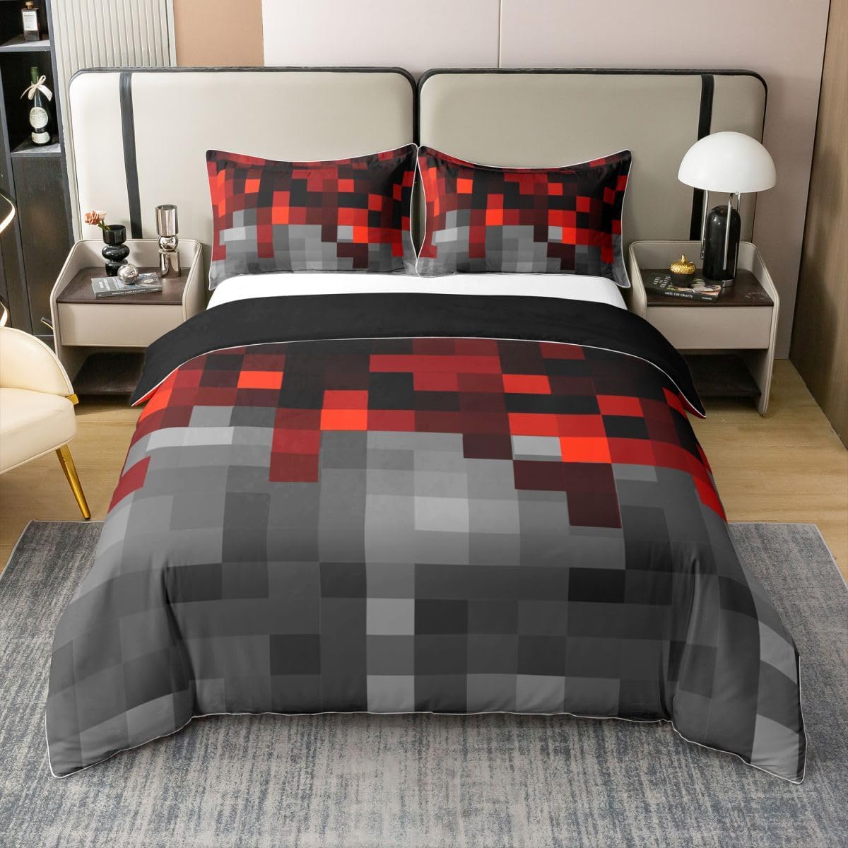 jejeloiu Pixelated Miners Duvet Cover 100% Cotton Twin Size Red Gray Video Games Comforter Cover for Boys Girls Gamepad Grid Bedding Set 2Pcs Room Decor Breathable Soft Lightweight Microfiber