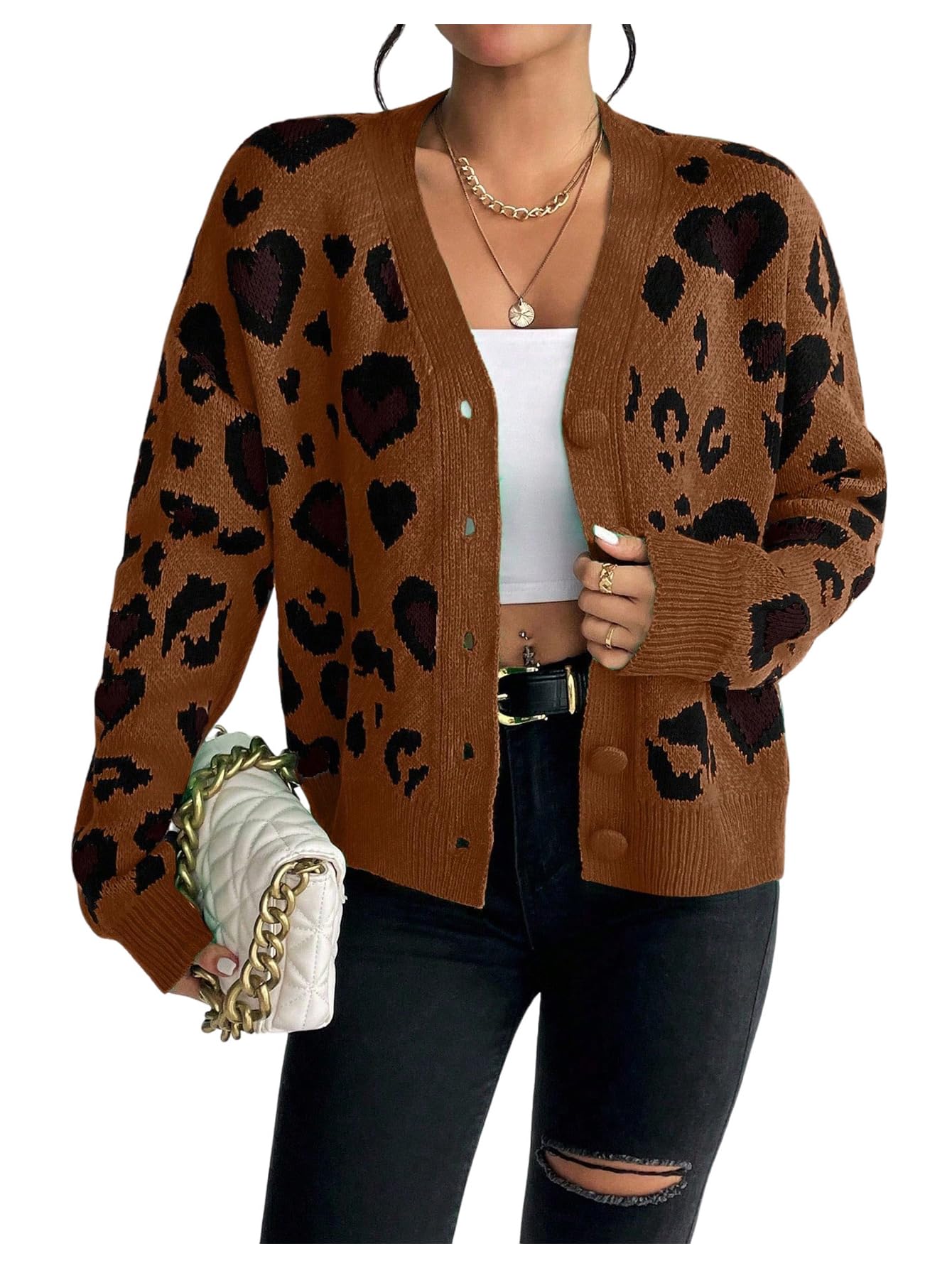OYOANGLE Womens Heart Cheetah Print Button Up Cardigan Long Sleeve Leopard Fall Sweater Coat Outerwear