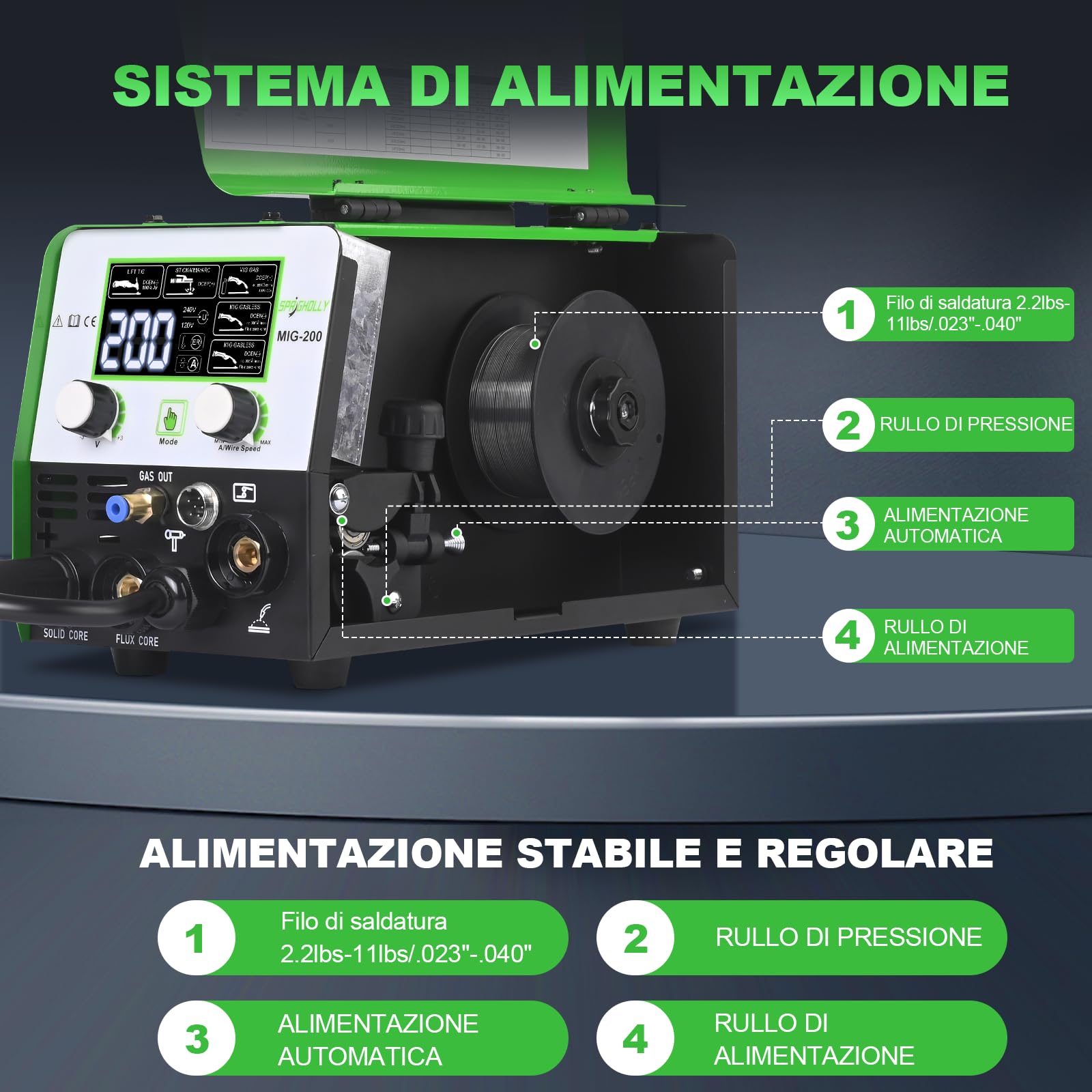 Saldatrice MIG 200 A 240 V, 4 in 1, saldatrice multiprocesso, MIG-gas/saldatura senza gas/Lift-TIG/asta/punti, grande aggiornamento display LED