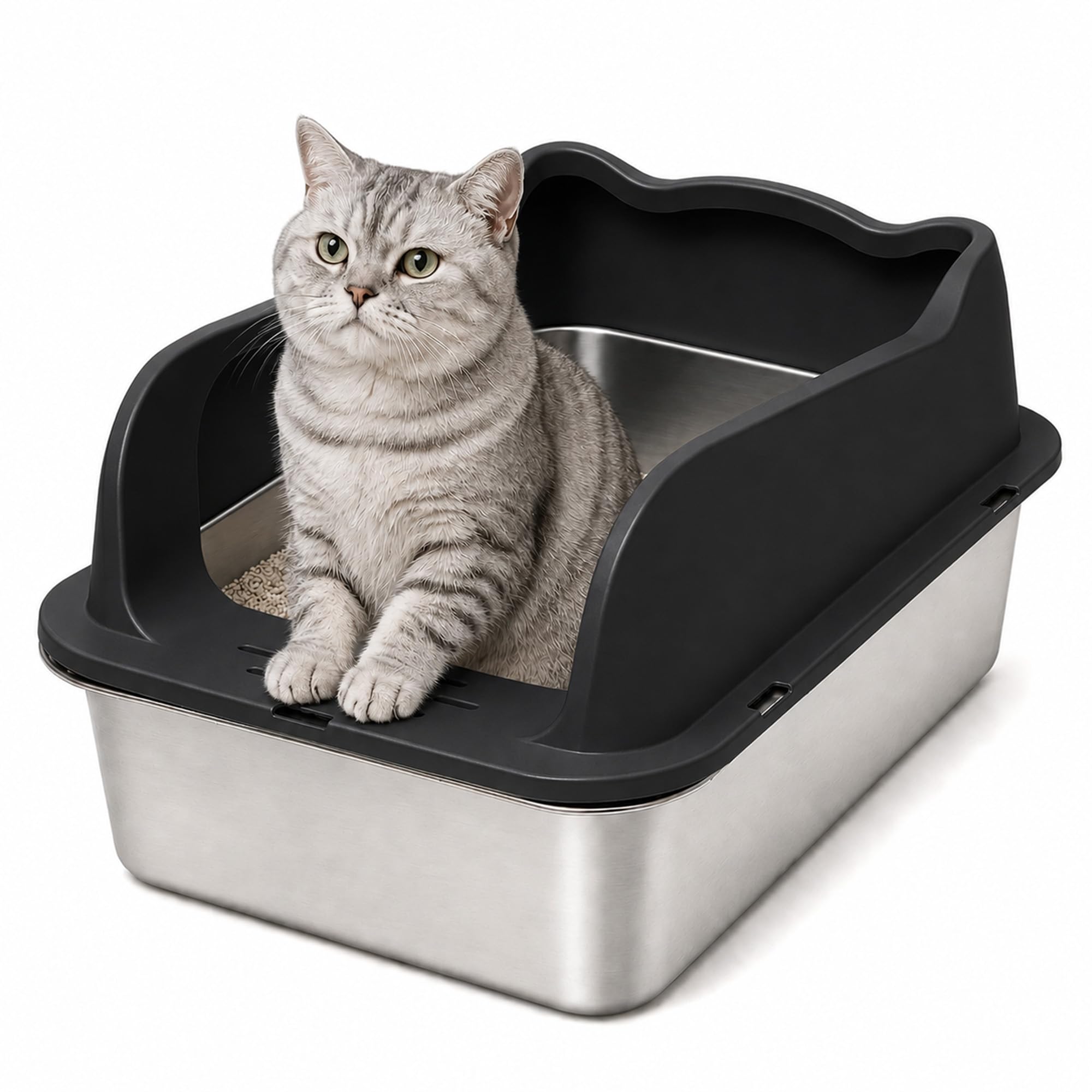 Arenero Gato Acero Inoxidable, XXL Caja Bandeja de Arena para Gatos, Metal Extraíble Litter Box, Caja de Arena de Lados Altos (50 * 35 * 15cm)