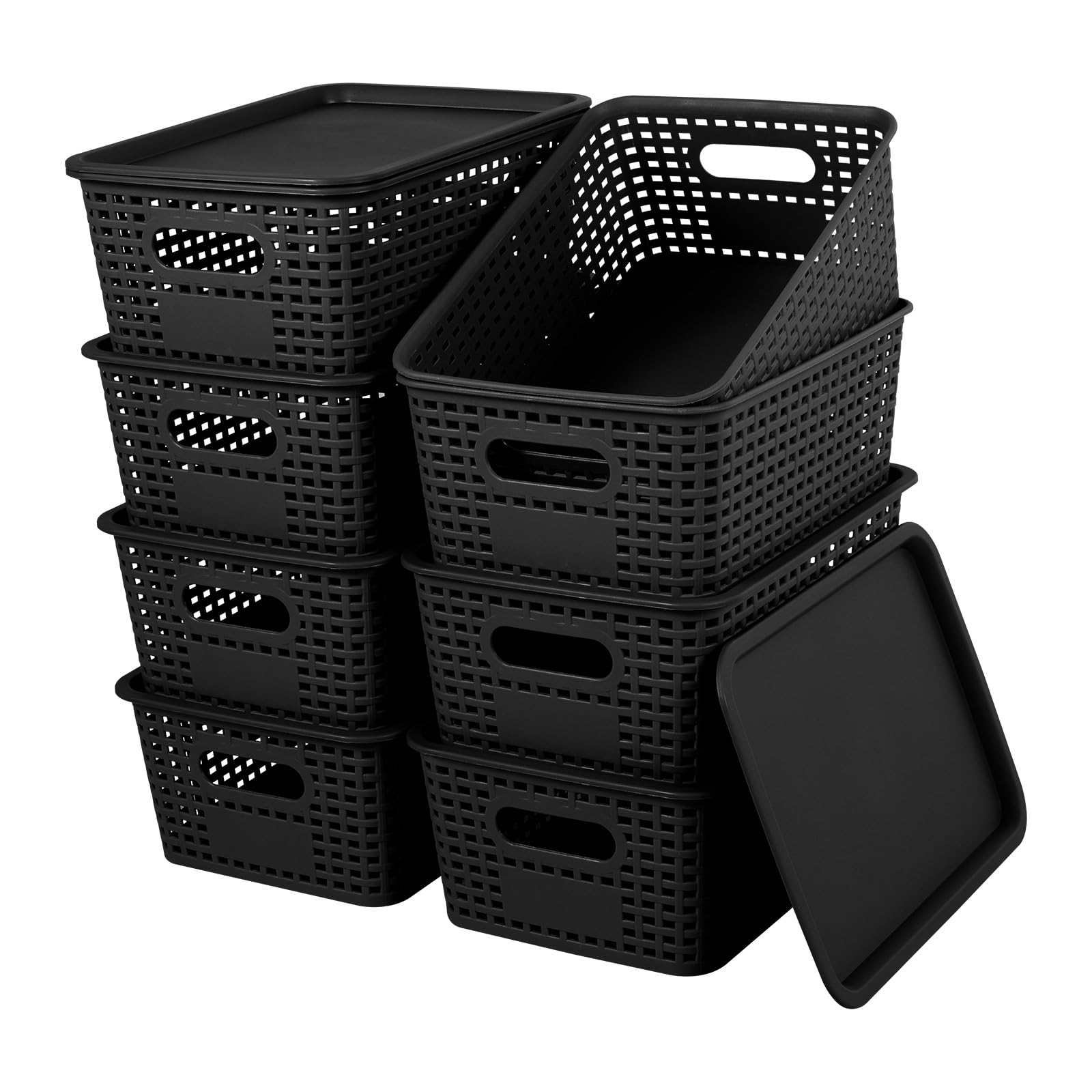 Ghshanog Black 8Pcs Plastic Storage Baskets,Stackable Storage Bin With Lid, 25.5X17.5x10.2cm Rectangle Containers With Handles,Organizing Basket Bins For Kitchen Bathroom Desktop Closet Classroom Office(Black)