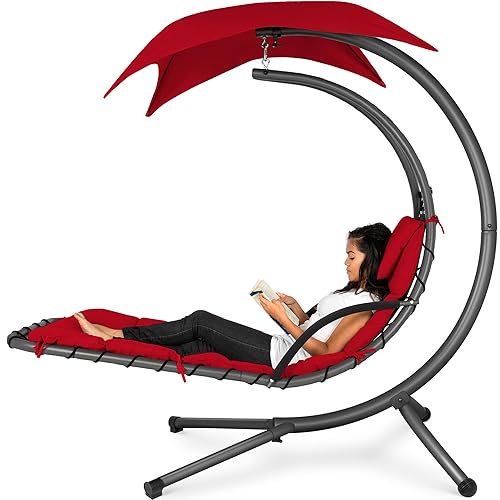 Outdoor Hanging Curved Steel Chaise Lounge Chair Swing w/Built-in Pillow