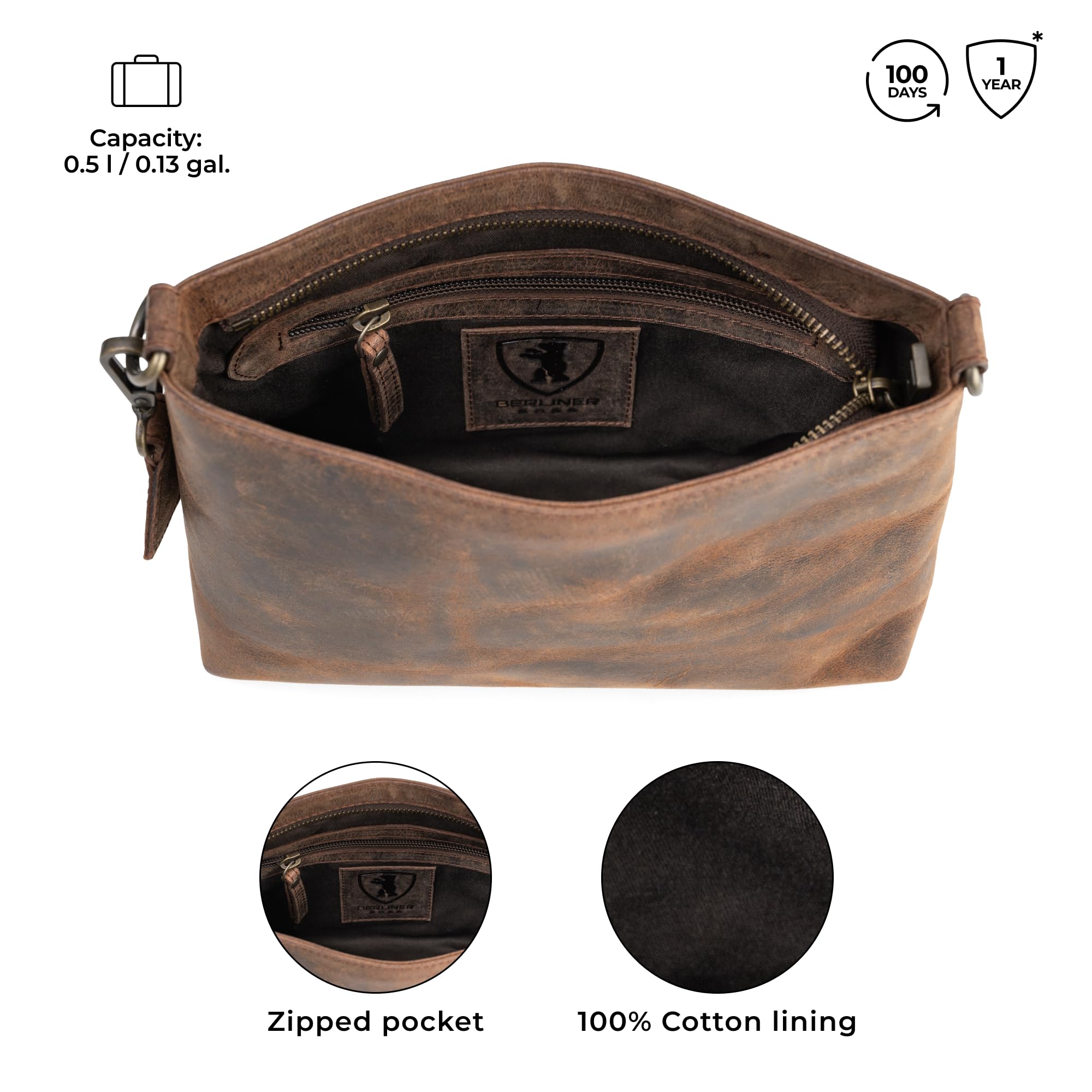 Berliner Bags Marbella S Bolso Bandolera Mediano de Piel Auténtica para Mujer, Crossbody con Correa Ajustable y Cierre YKK, Diseño Elegante y Resistente para Uso Diario